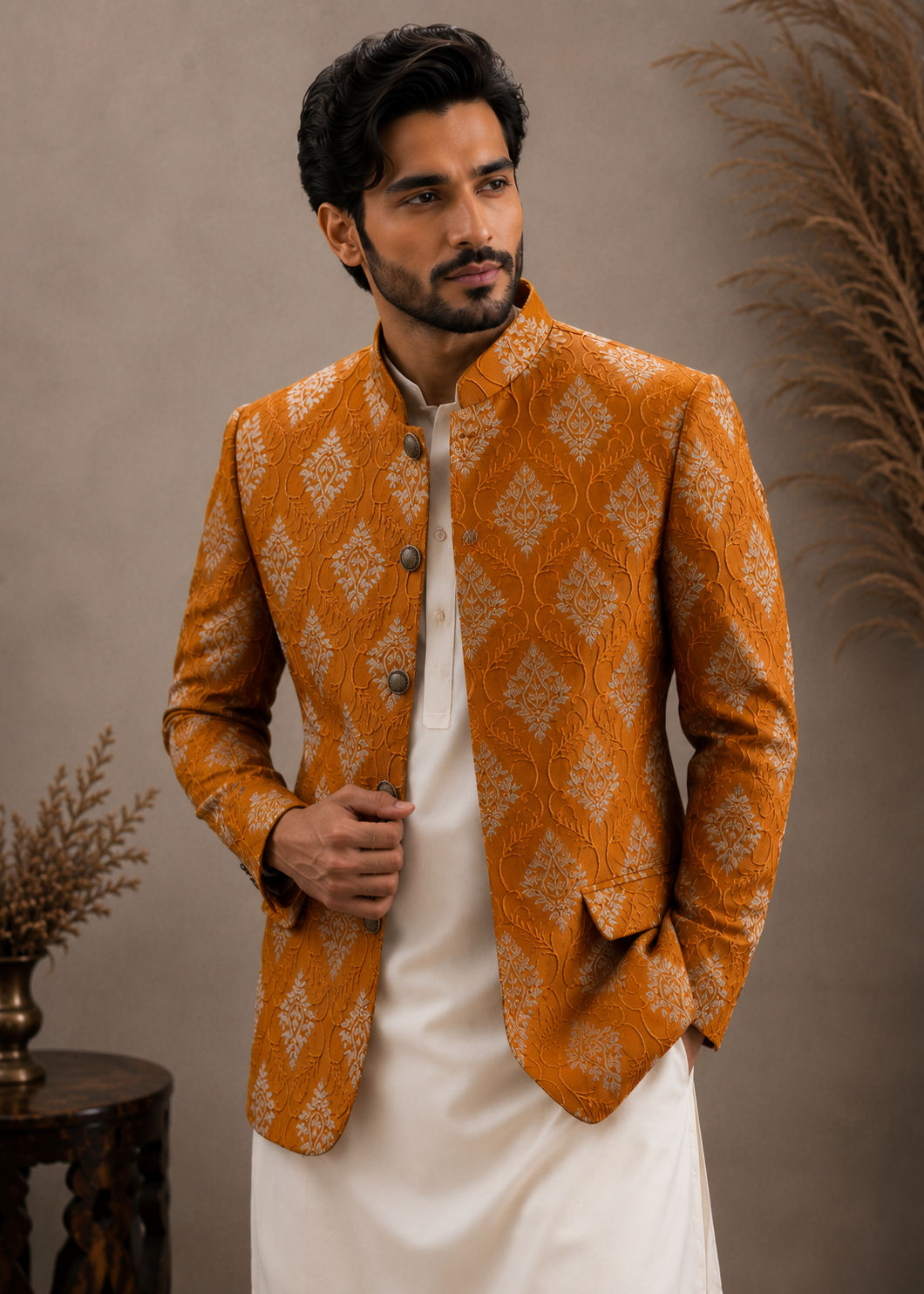 raw silk Prince Coat in Rust orange