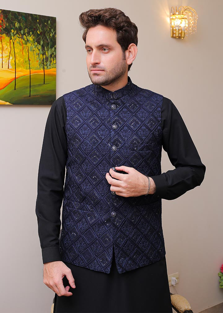 banarsi silk Waistcoat in Navy blue