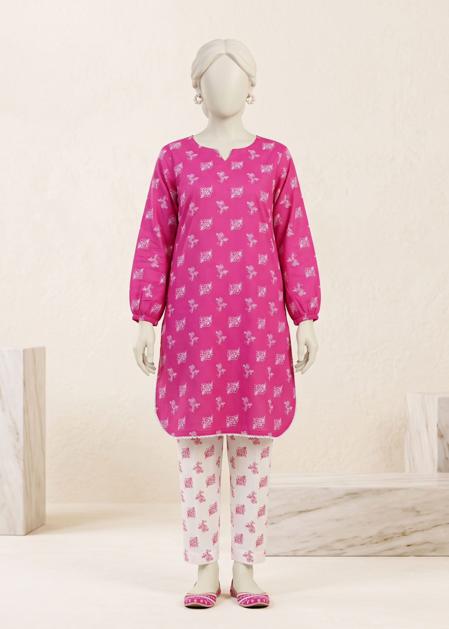 arabic lawn Kurta Set in Shocking pink