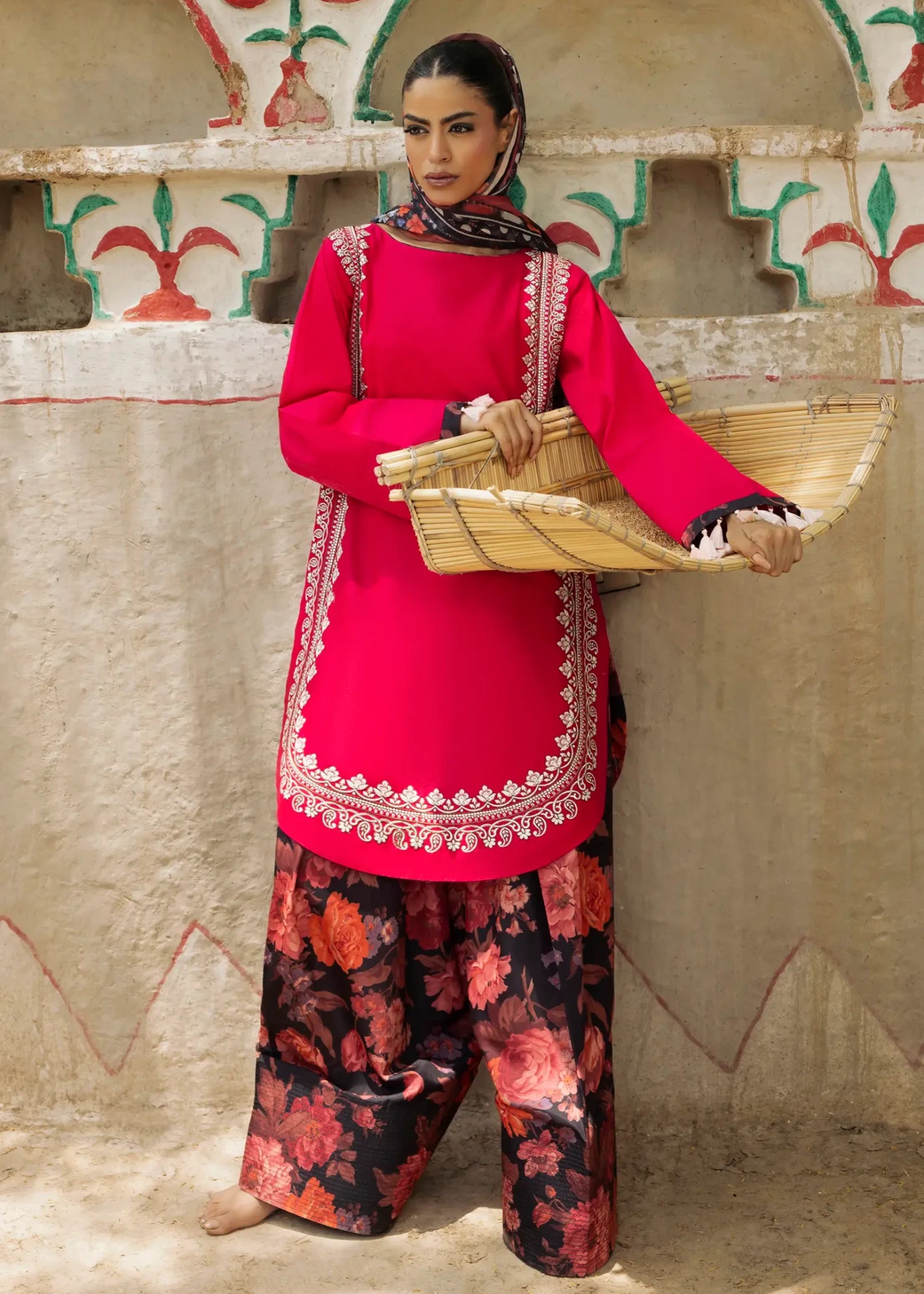 lawn cotton Kurta Set in Coral red