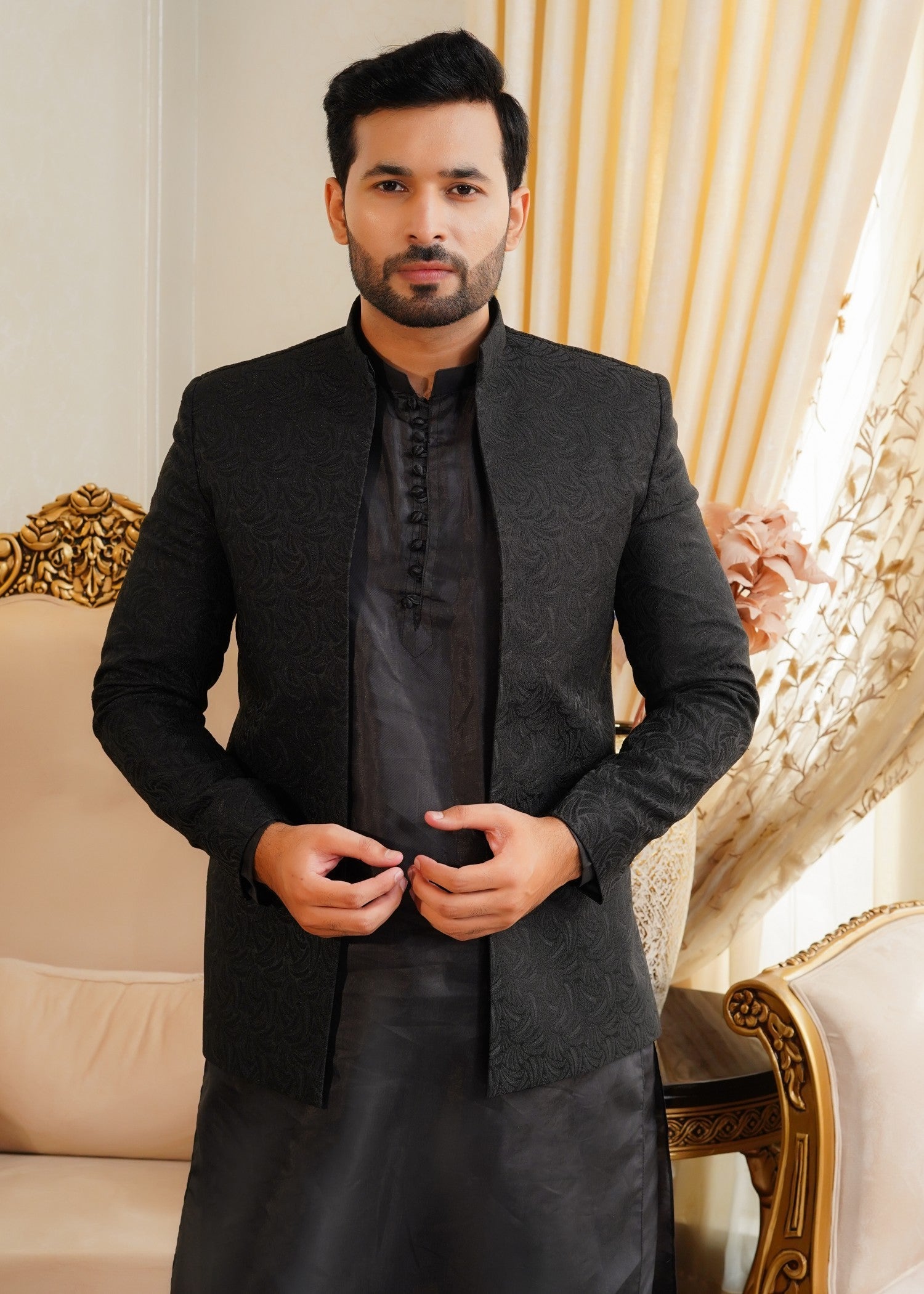jamawar Prince Coat in Black by Azlan Shahzad