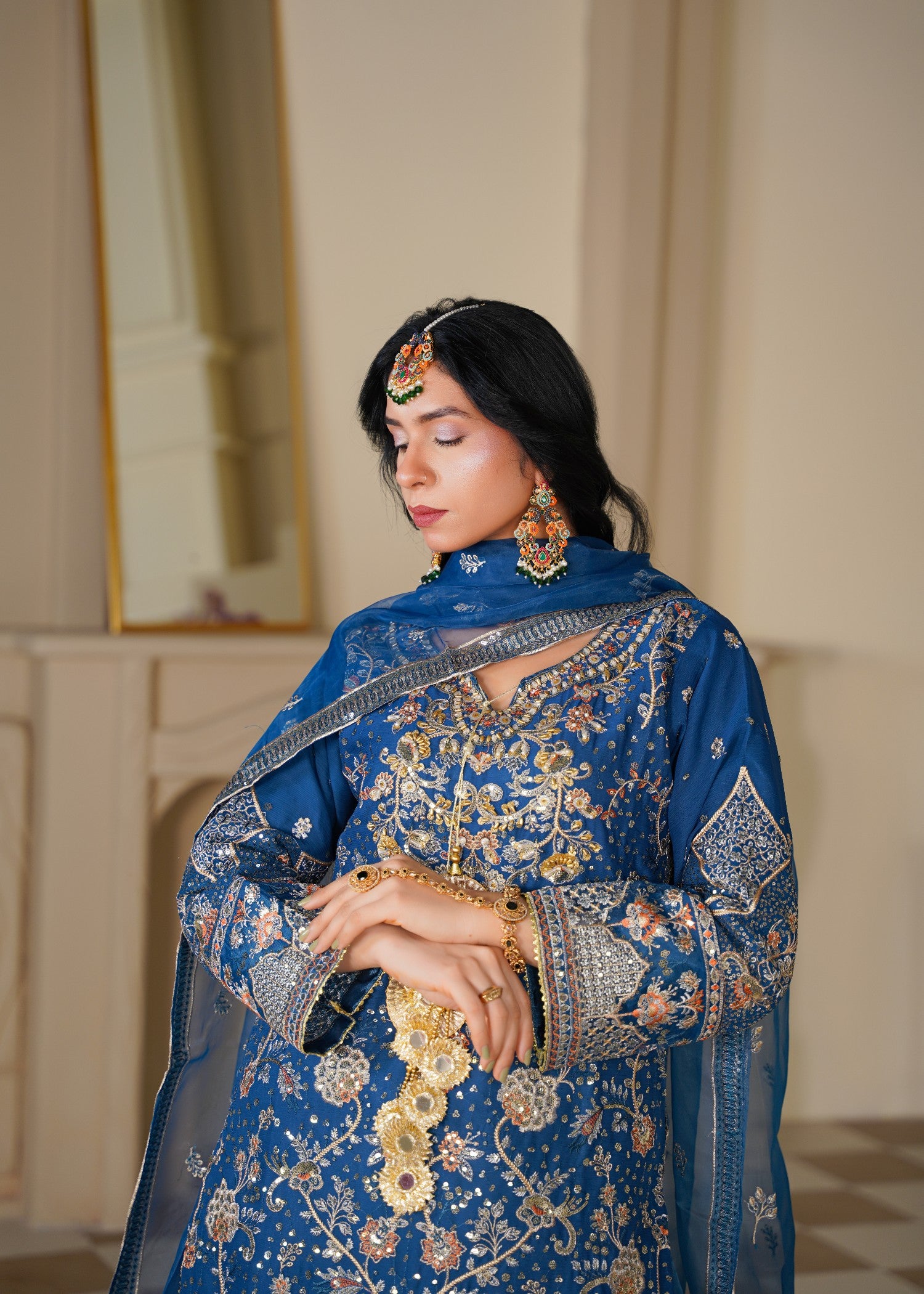 chiffon Sharara in Sapphire blue, gold