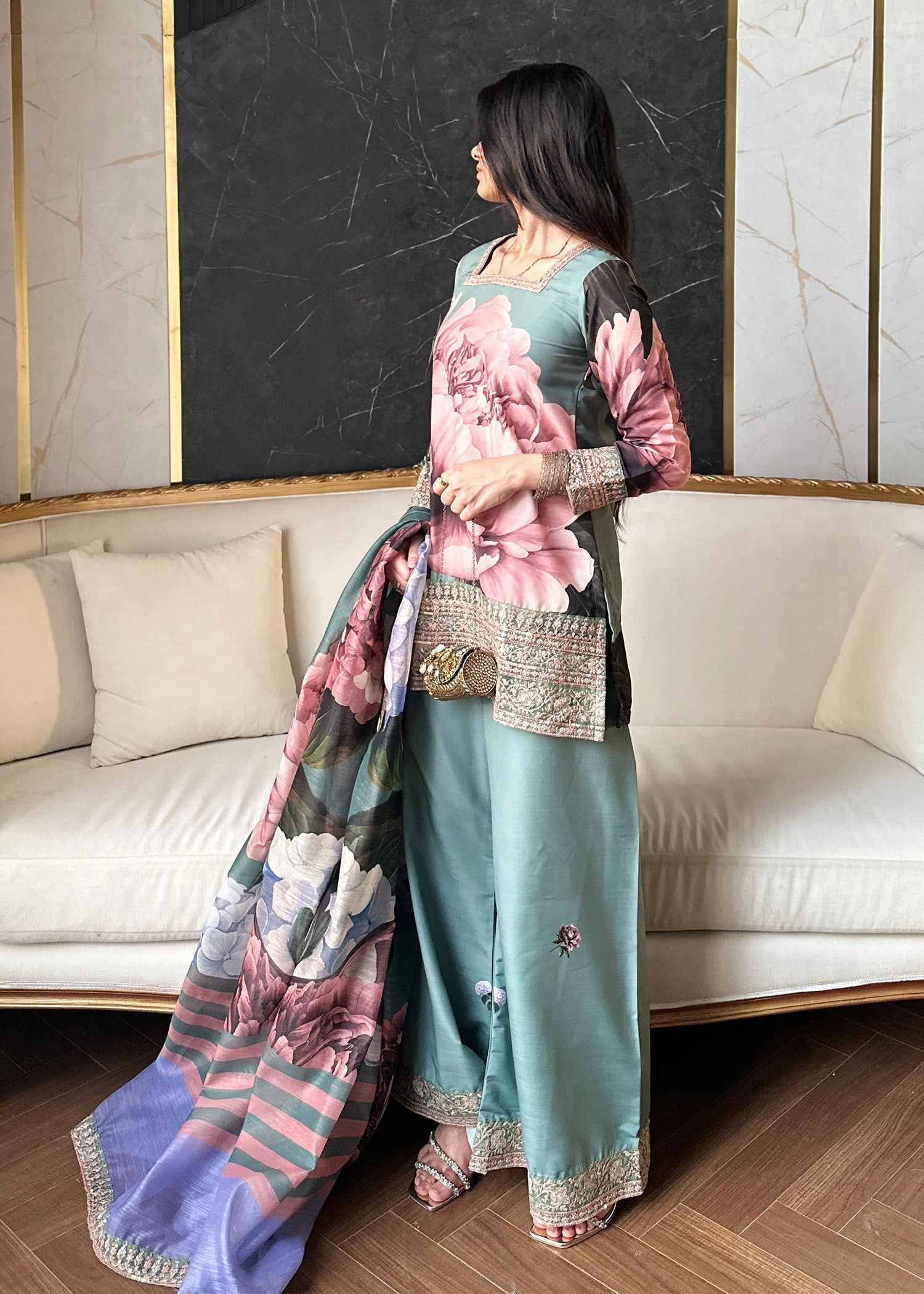 raw silk Kurta Set in Sage green