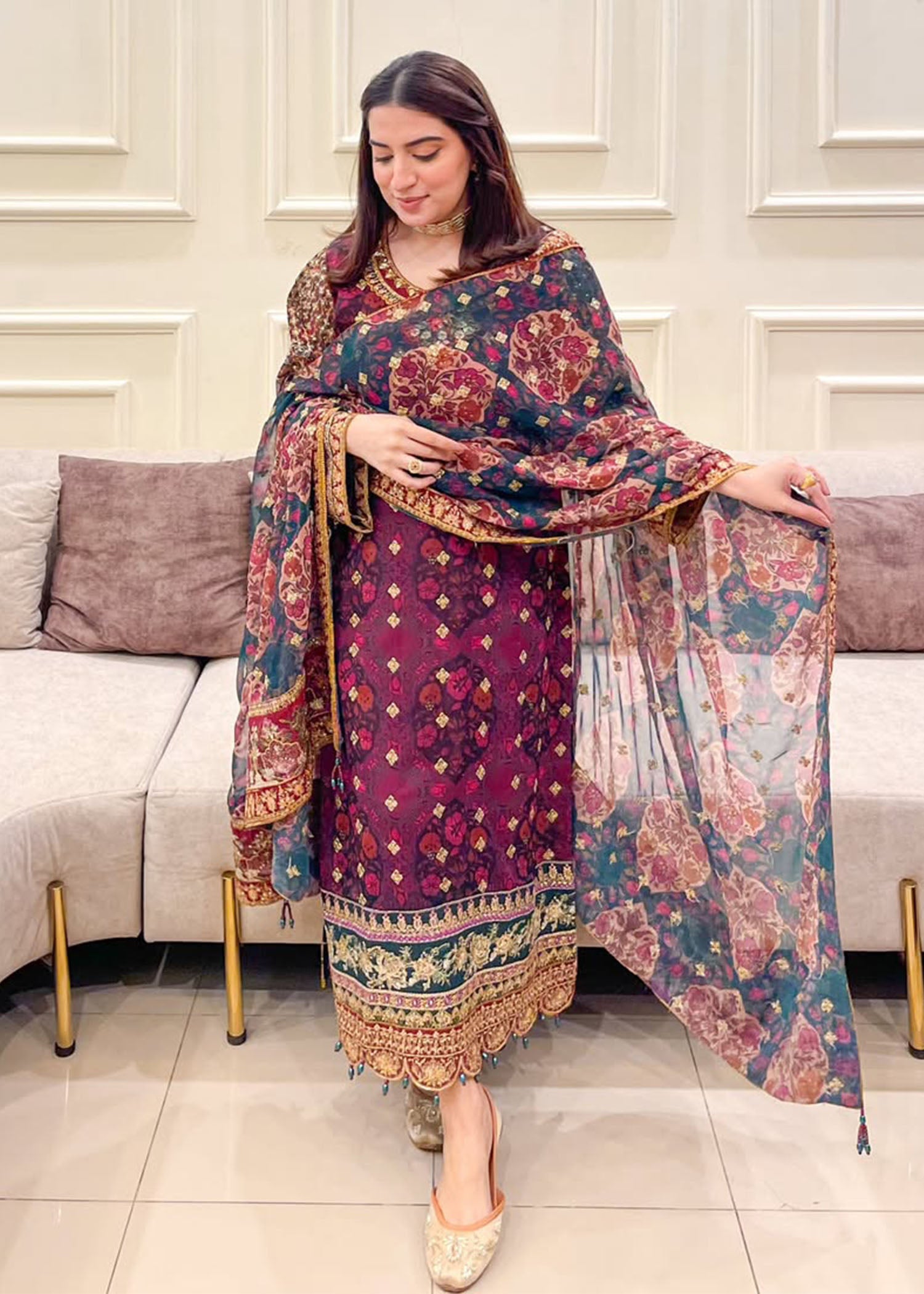chiffon Kurta Set in Magenta