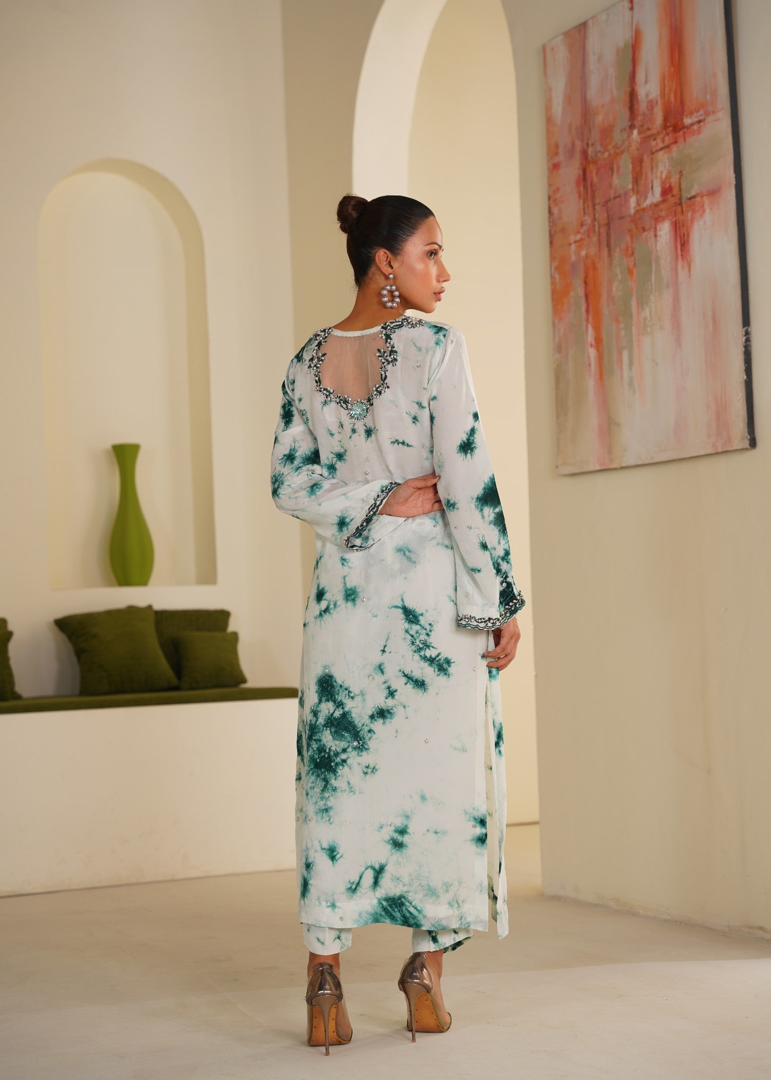 tussar silk Co Ord Sets in Dark green, white