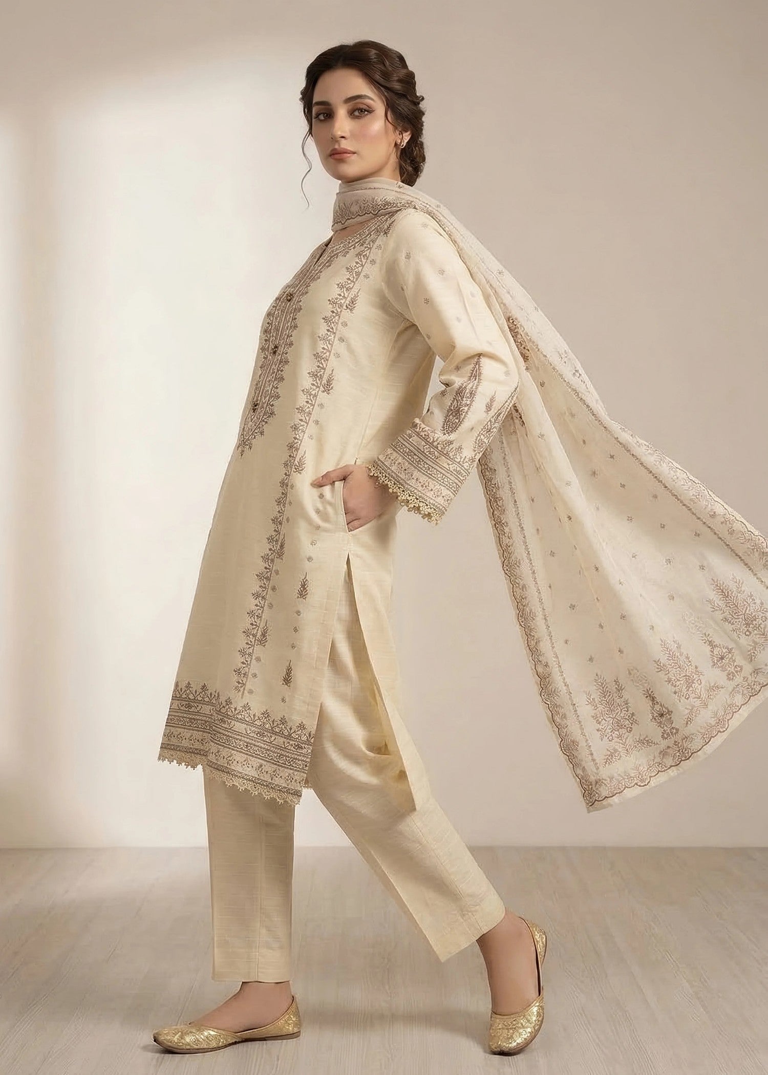 cambric cotton Kurta Set in Wheat