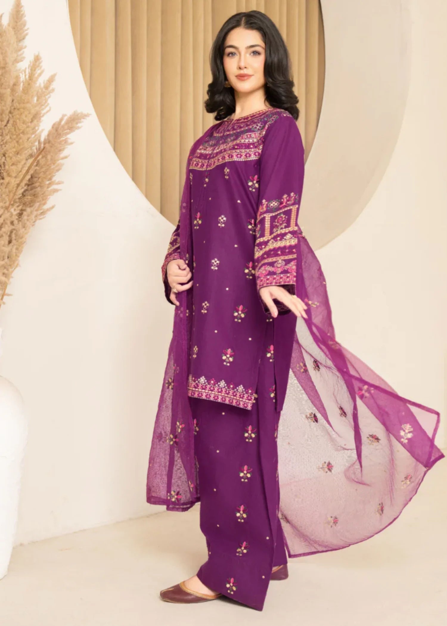 lawn cotton Kurta Set in Purple