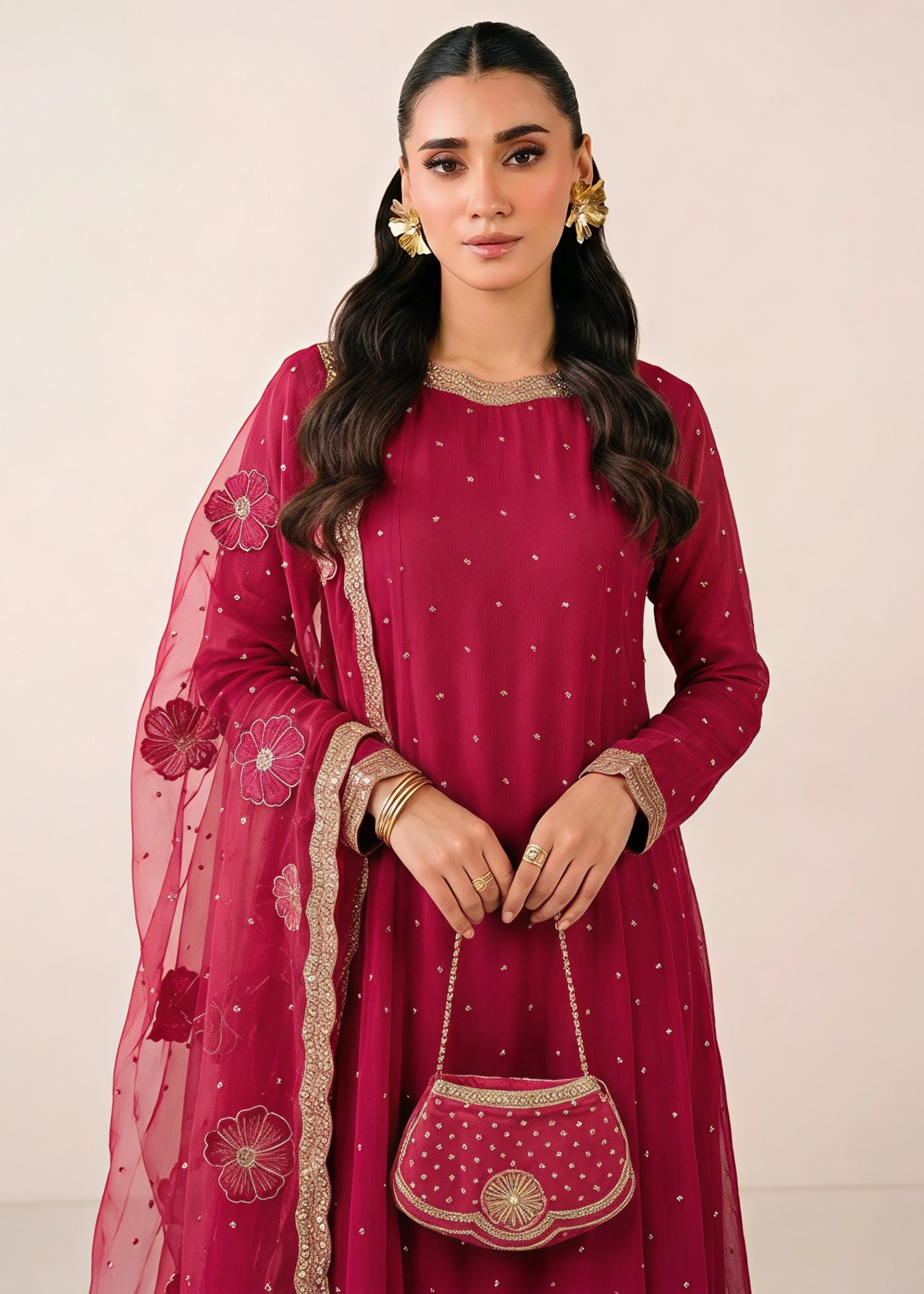 chiffon Pishwas in Hot pink