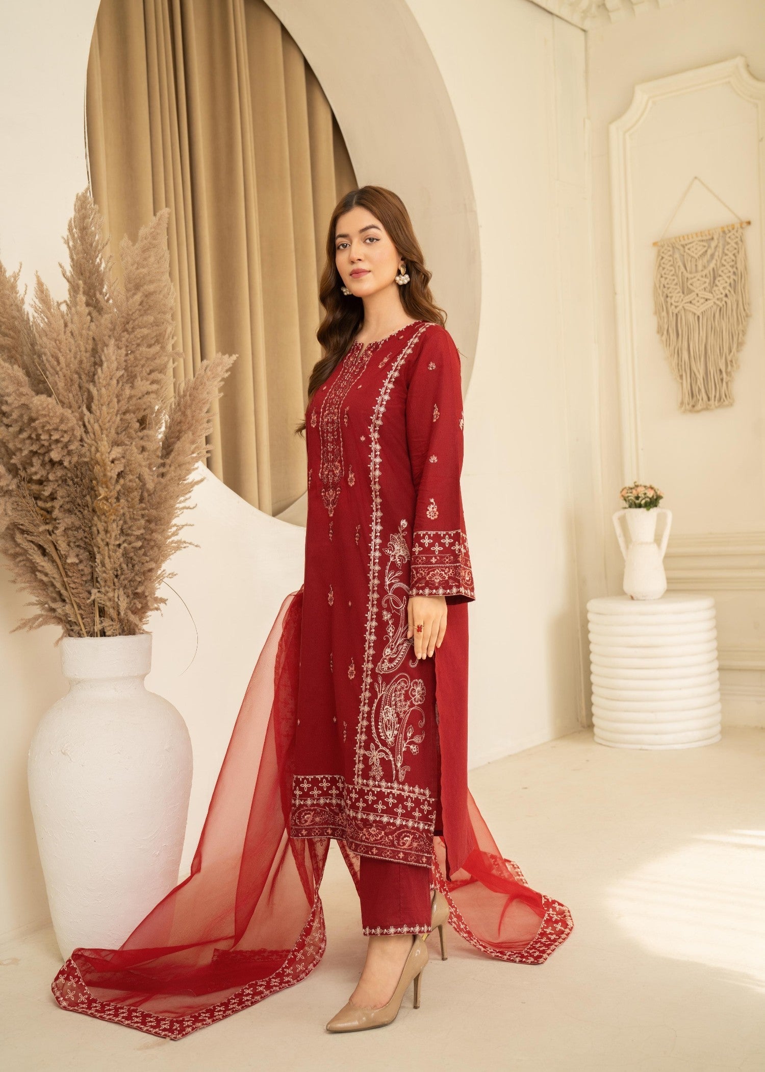 lawn cotton Kurta Set in Chili red