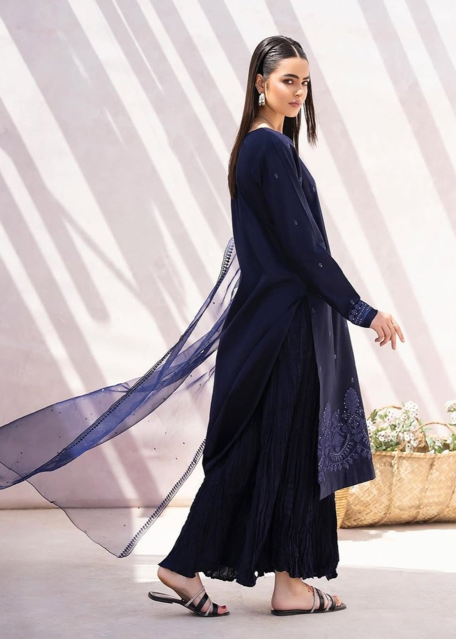 lawn Sharara in Navy blue