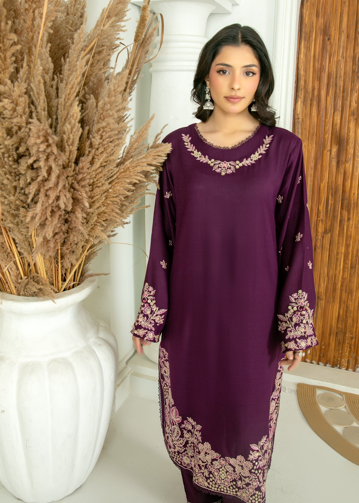 peach wool Kurta Set in Plum