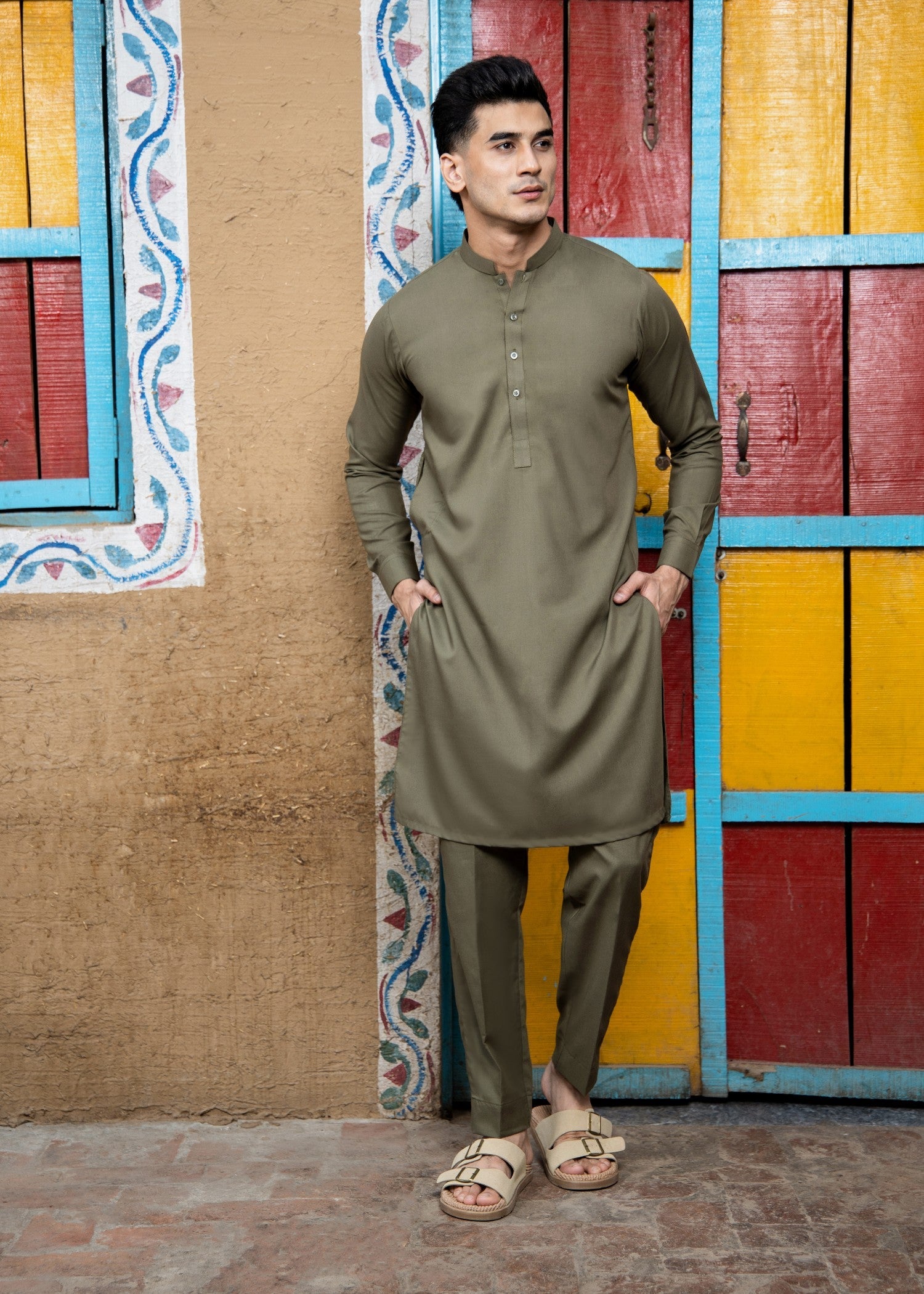 wash & wear Kurta Set in Army green