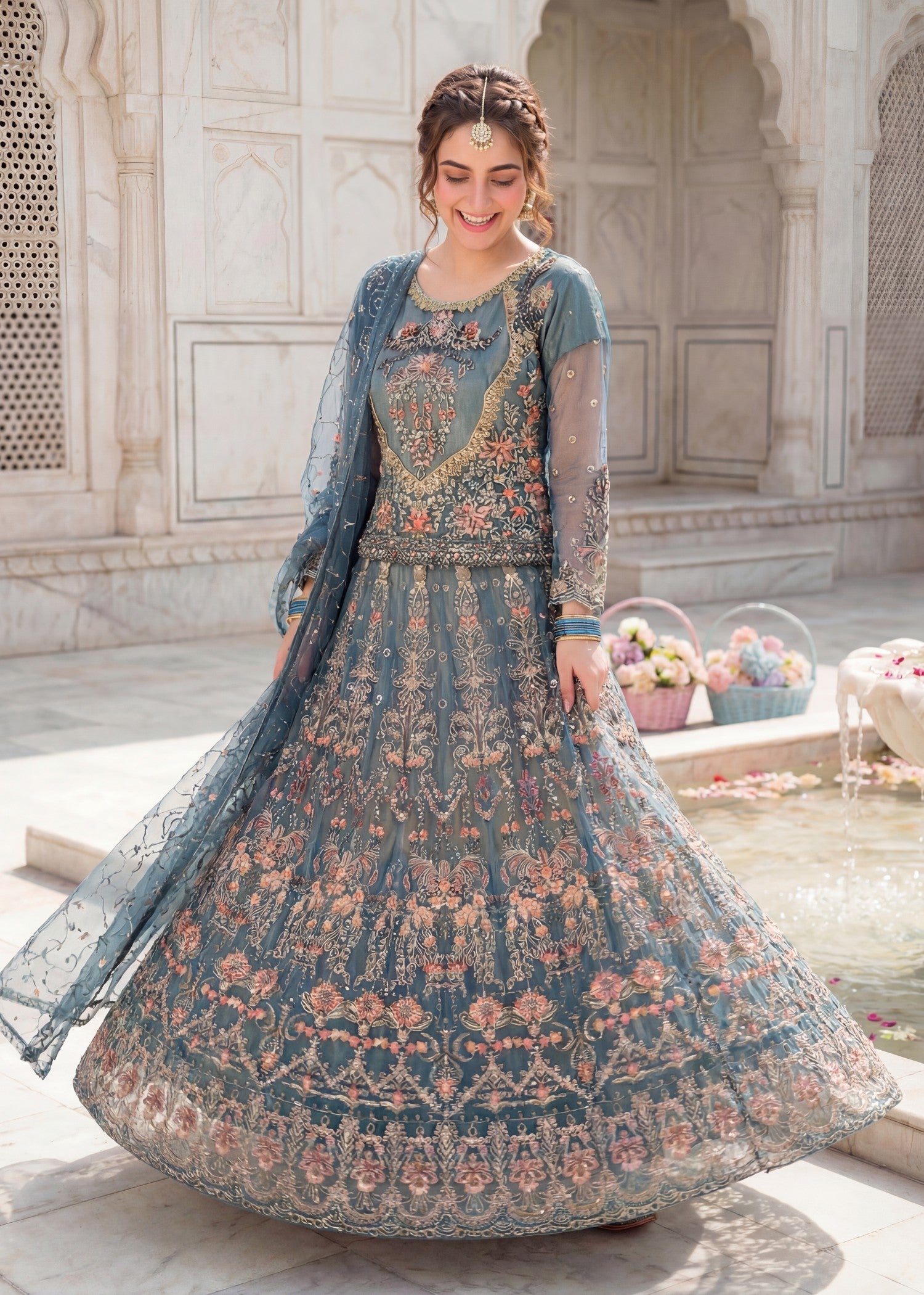 net Lehenga in Steel blue
