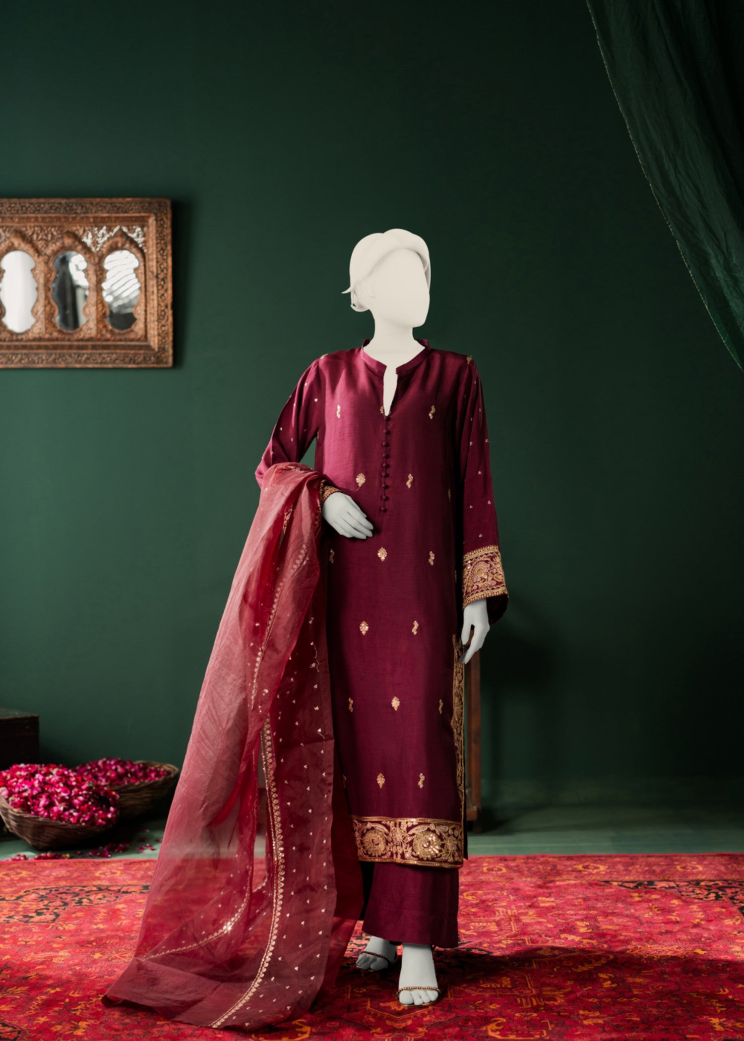 korean raw silk Kurta Set in Burgundy