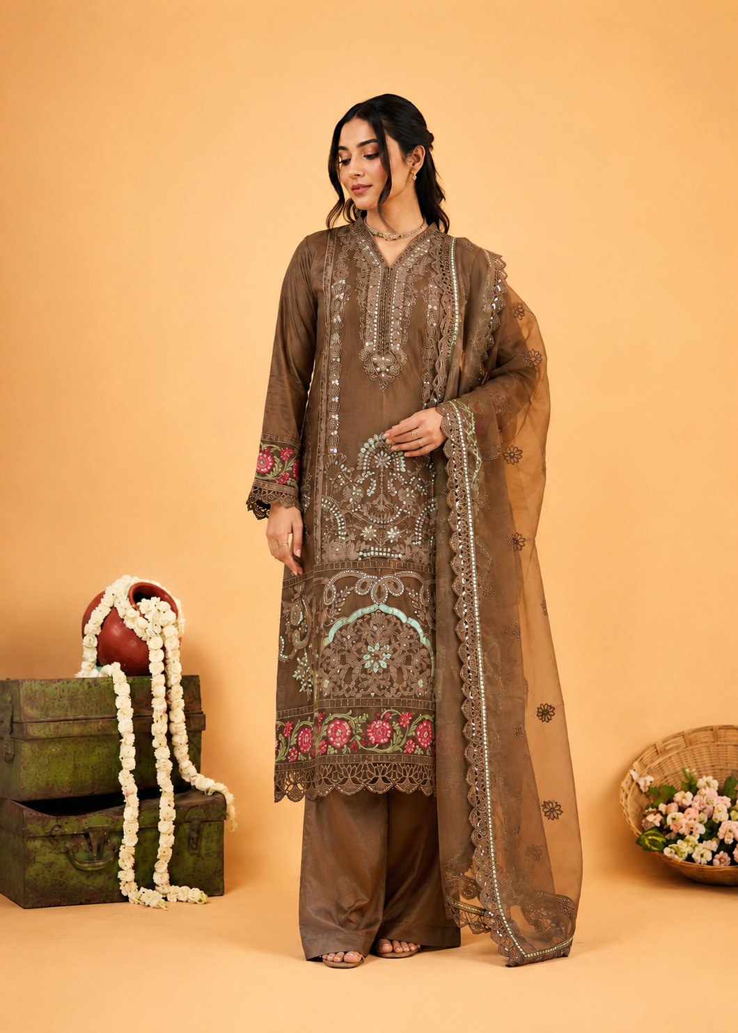 organza Kurta Set in Mocha brown
