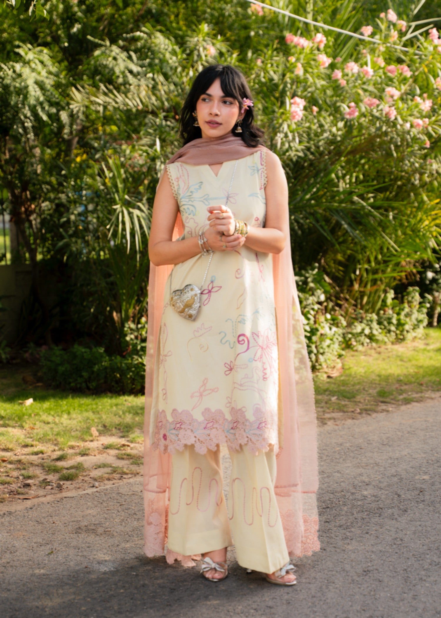 lawn cotton Kurta Set in Butter