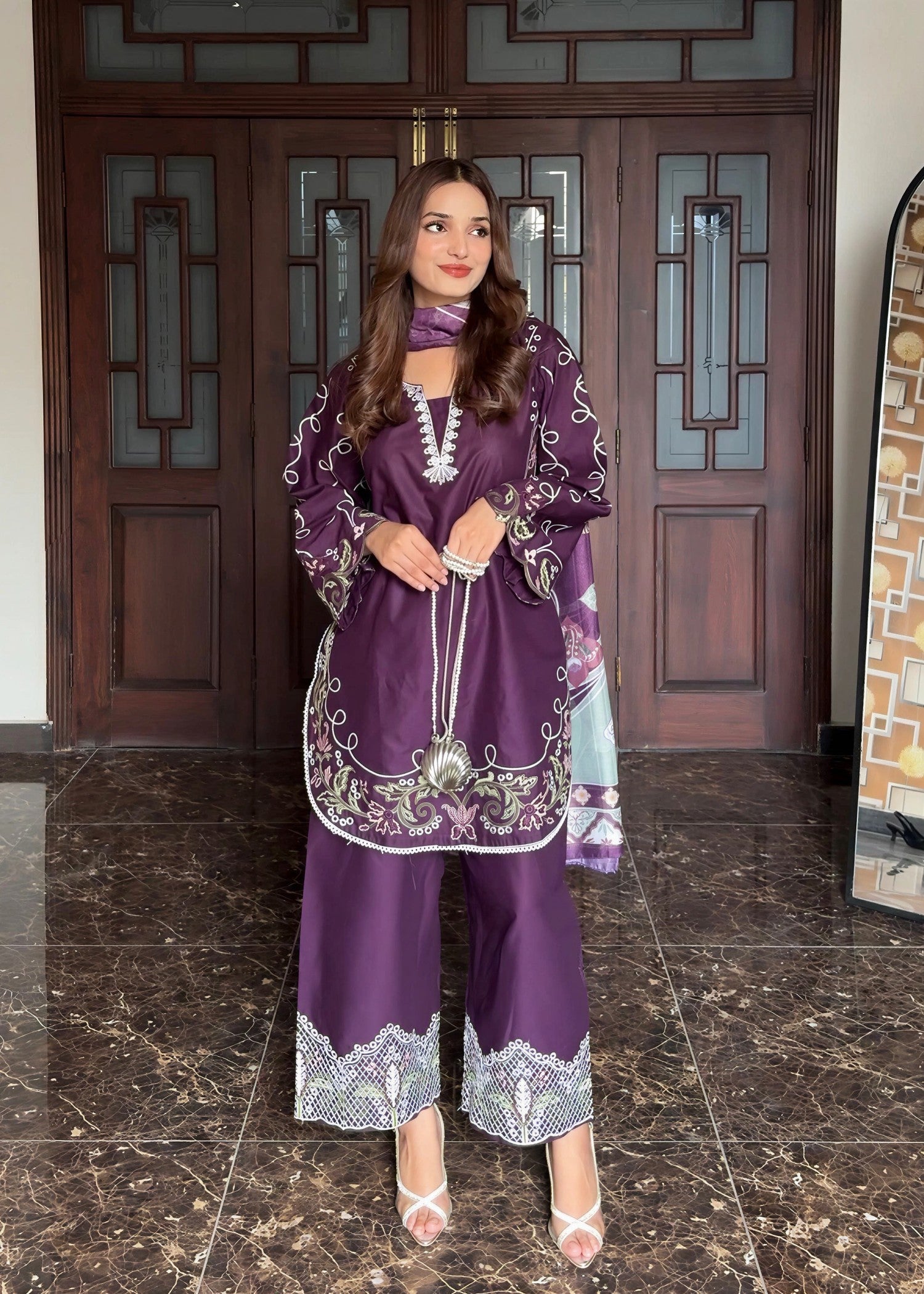 lawn cotton Kurta Set in Purple rain