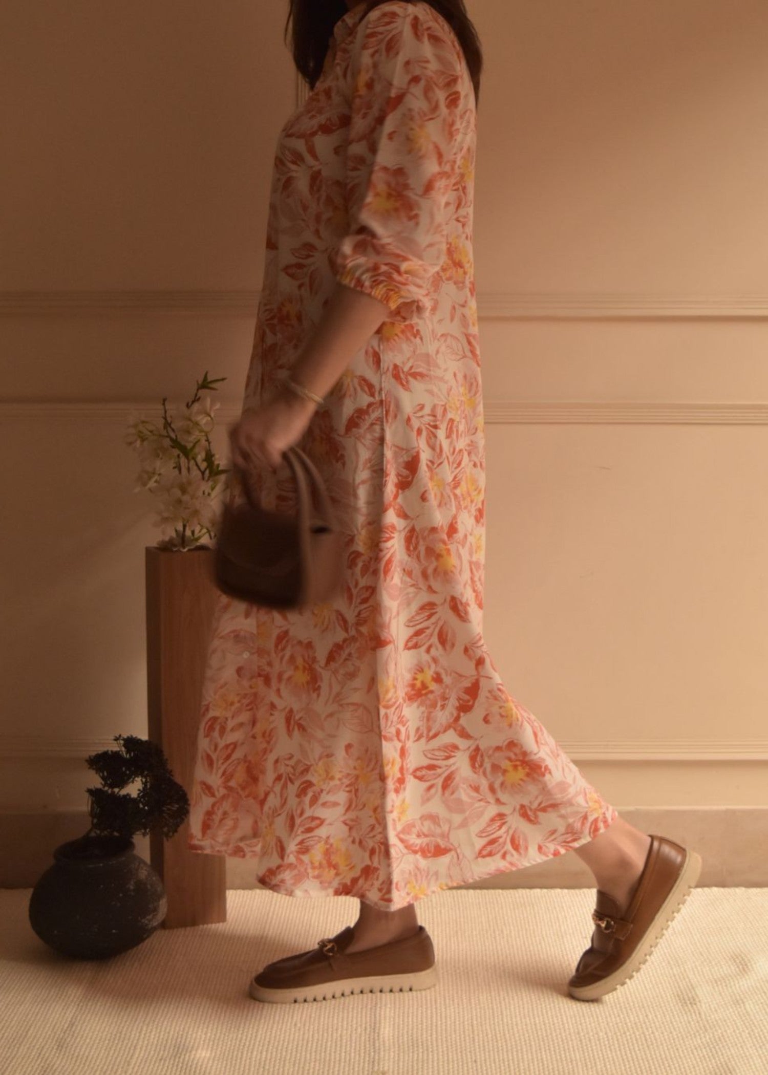 georgette Dress in Peach pink, off-white