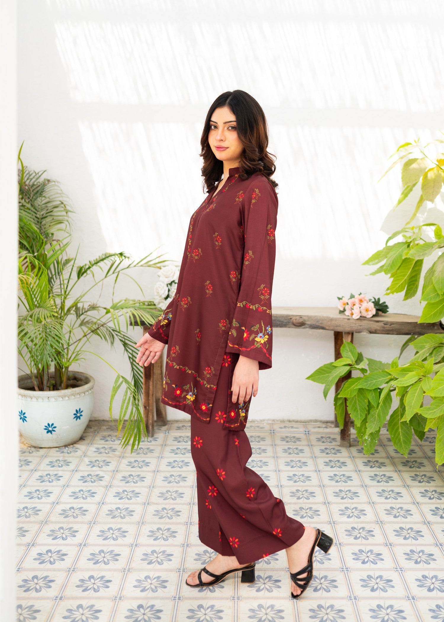 poly lawn Co Ord Sets in Maroon