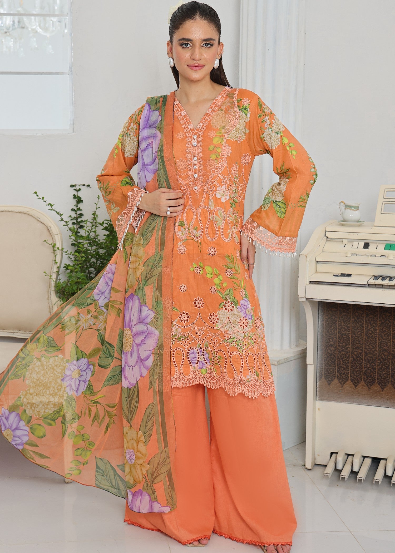 lawn Unstitched in Coral orange