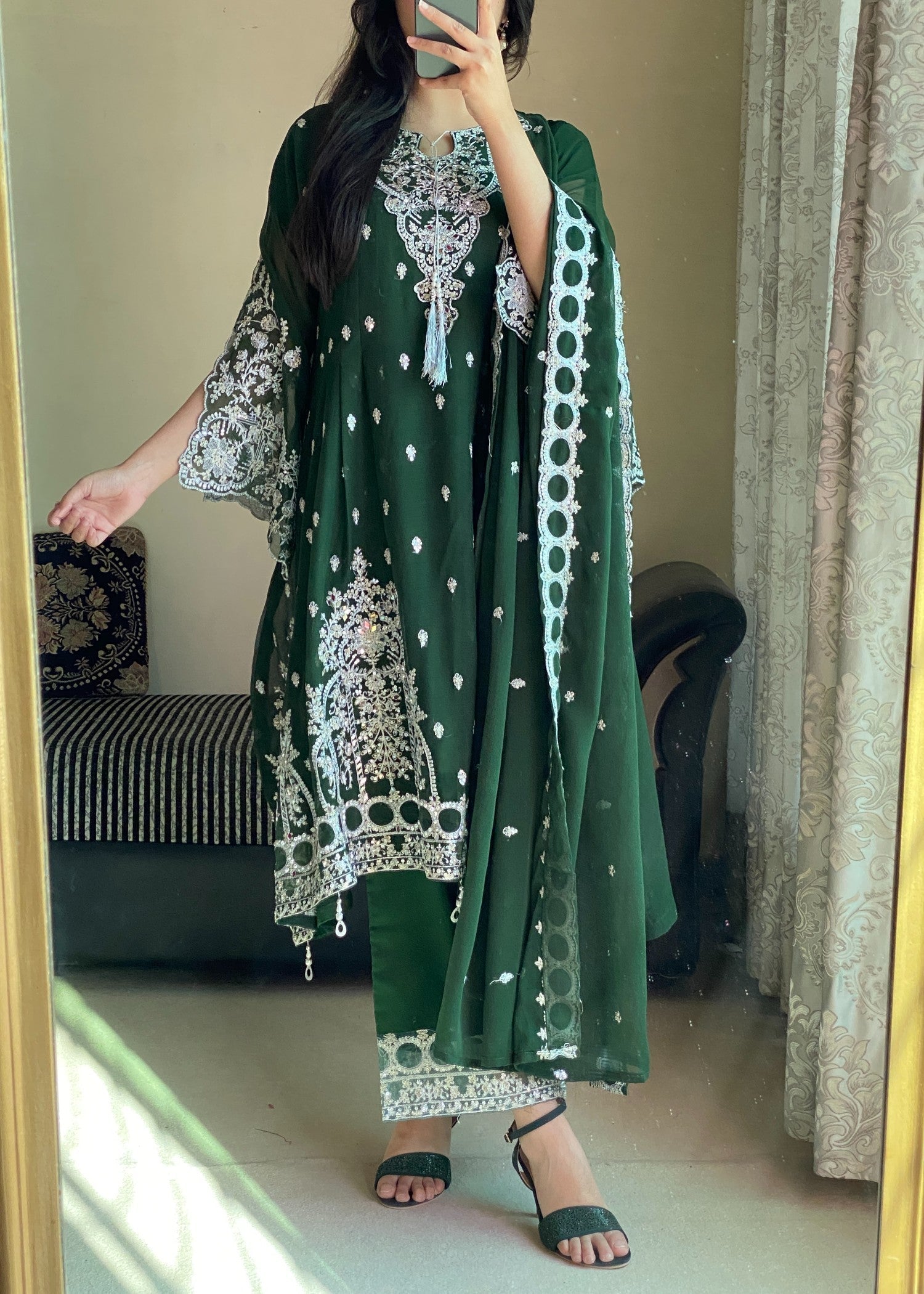 chiffon Short Frock in Bottle green