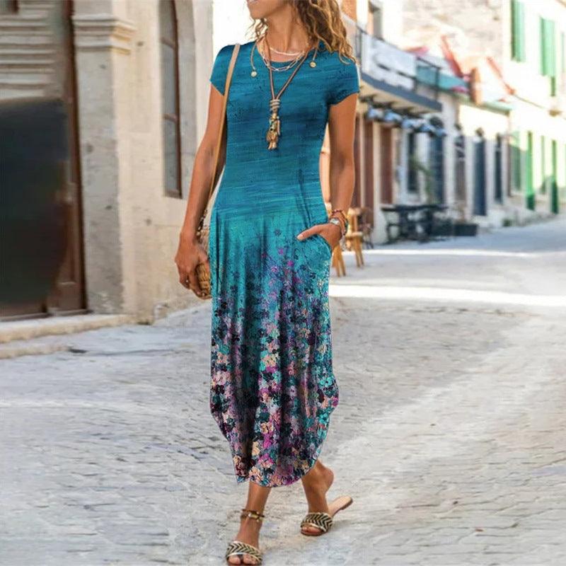 Women's Trendy Printed Short Sleeve Dress with Round Neck and Pocket