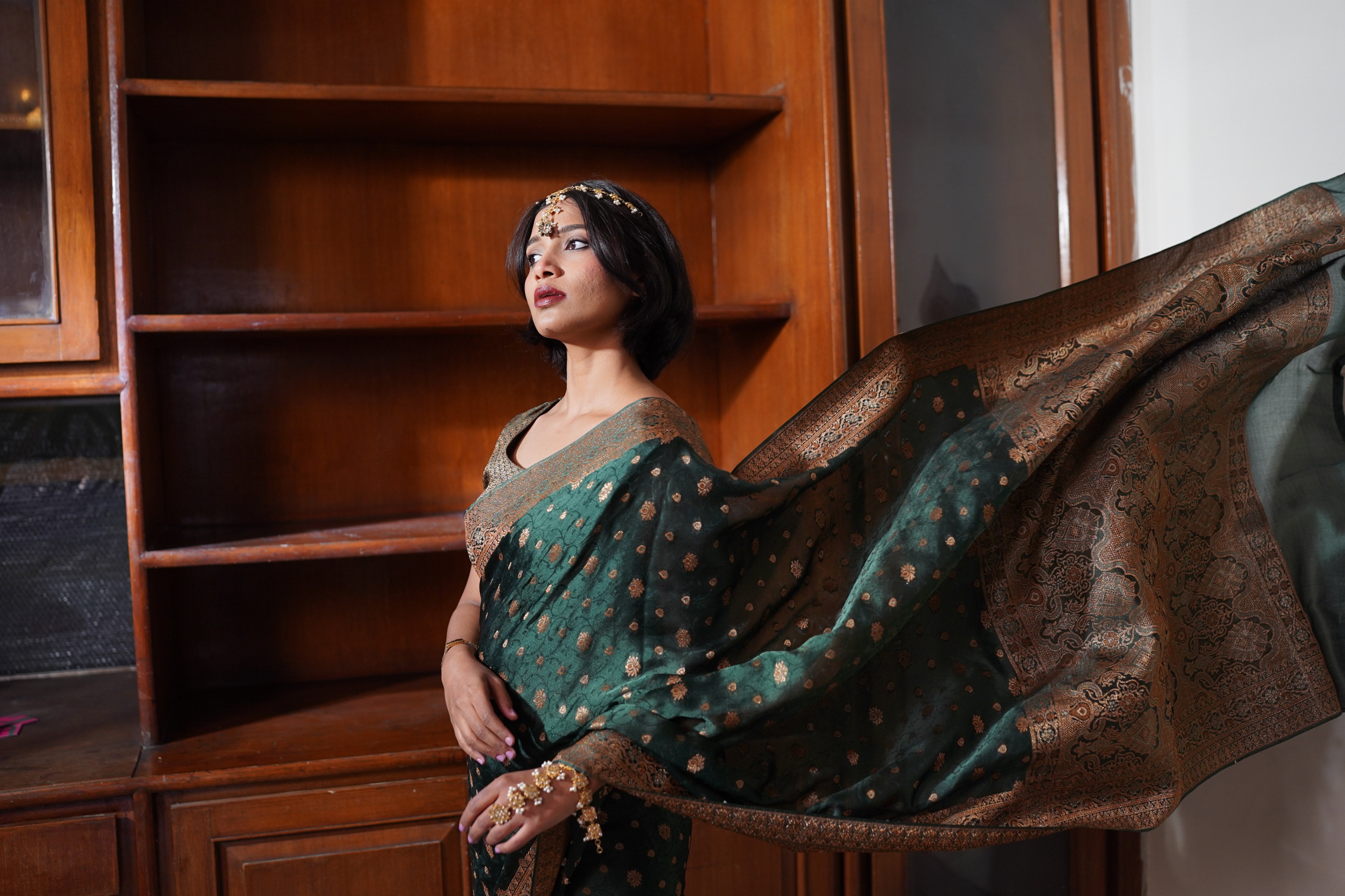 banarsi silk Saree in Dark green