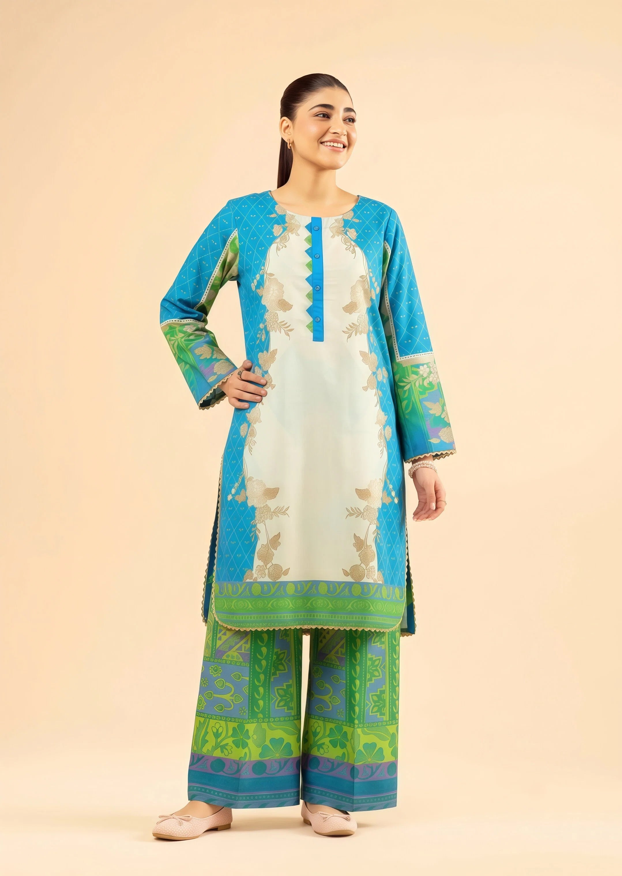 poly lawn Kurta Set in Multi