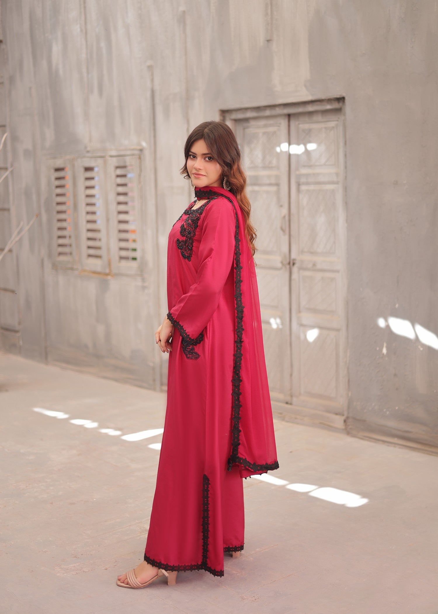 raw silk Kaftan in Cherry red