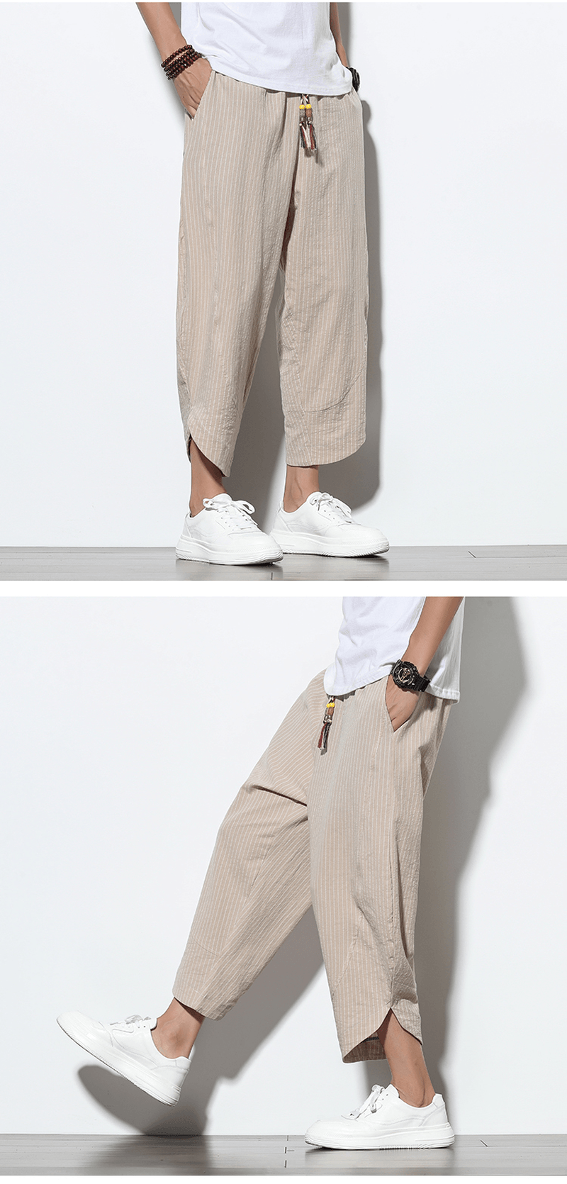 Chinese Style Cotton and Linen Pants Striped plus Size Loose Harem Bloomers Men