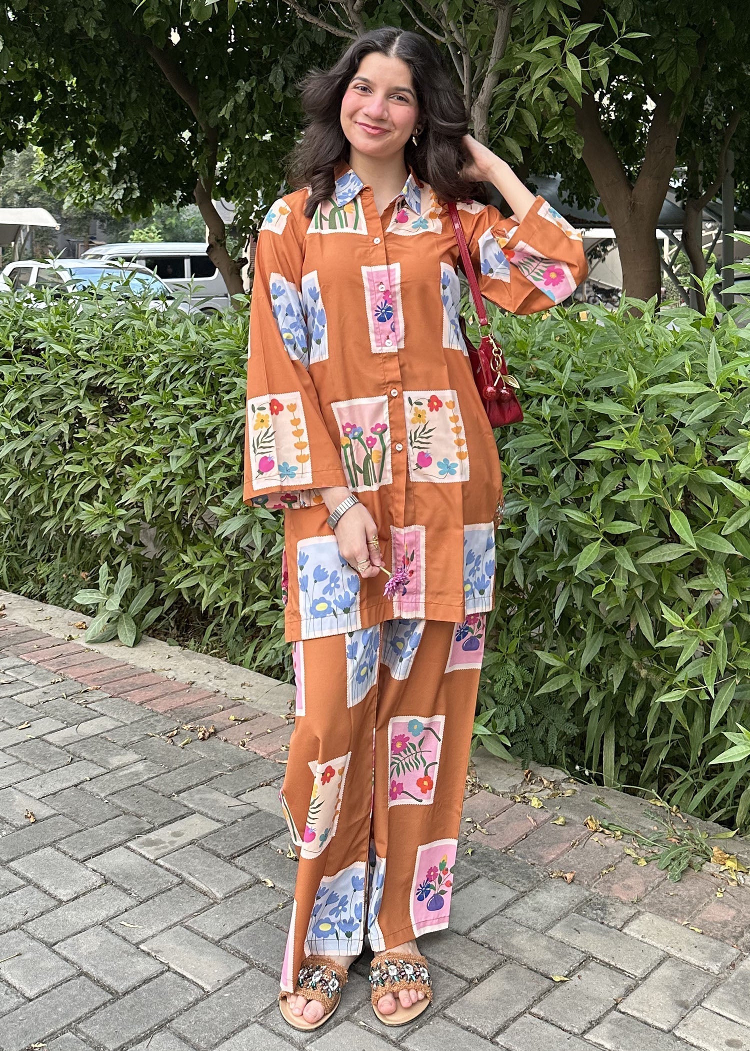 crepe Co ord Sets in Bronze orange
