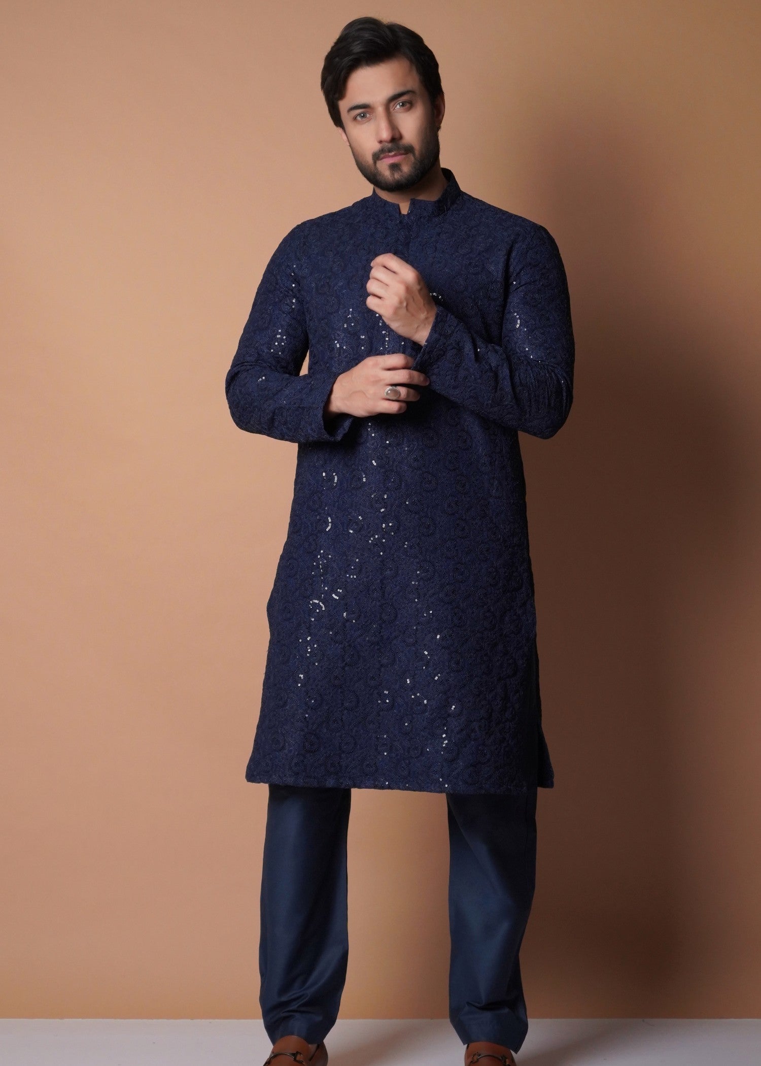 viscose raw silk Kurta Set in Navy blue