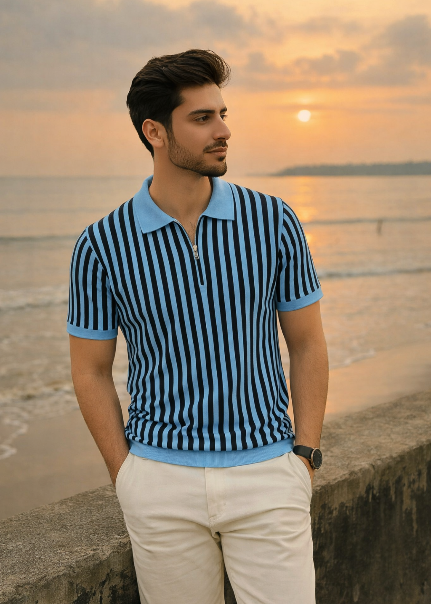 cotton Polo Shirt in Black, sky blue