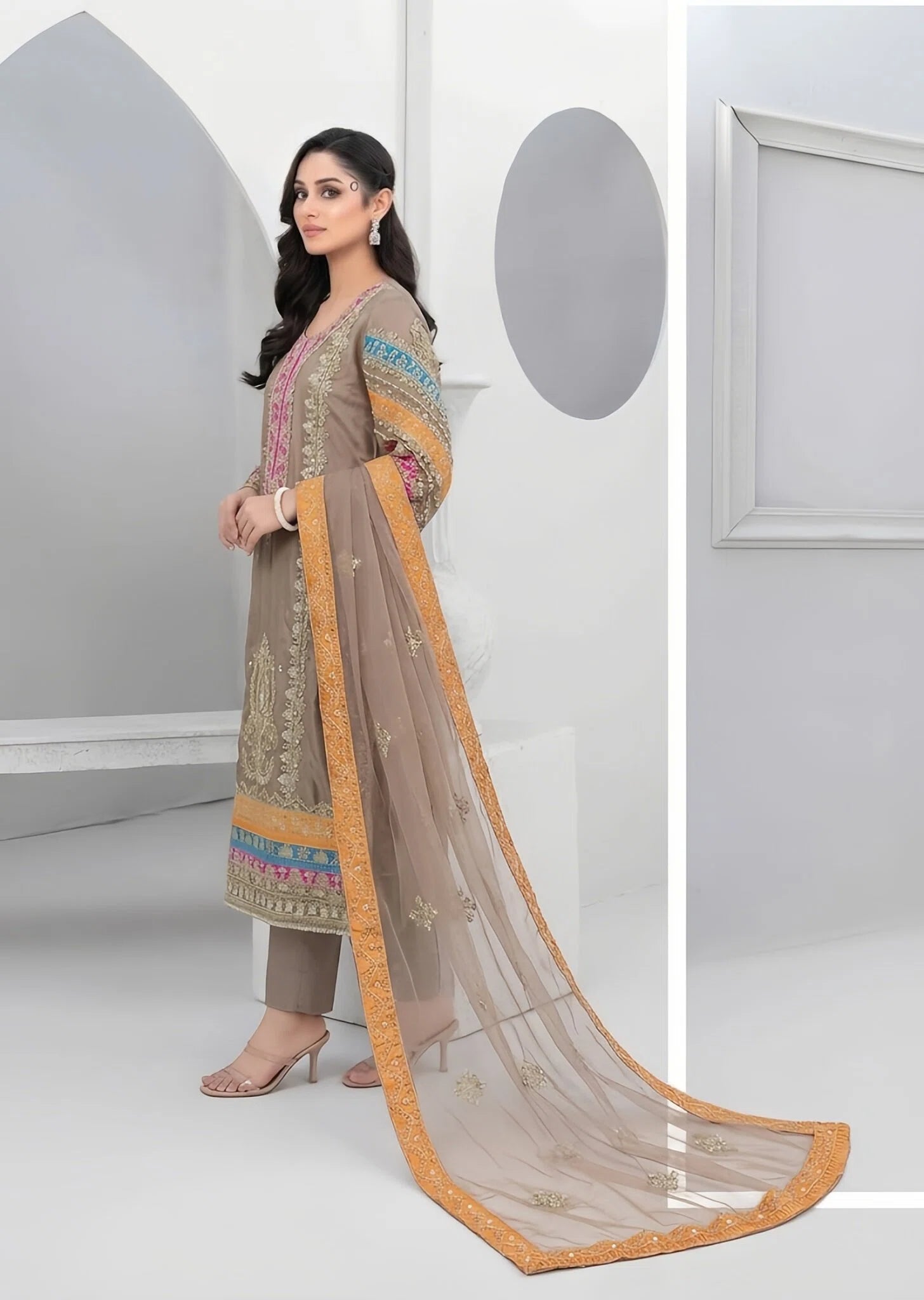 net Kurta Set in Camel brown