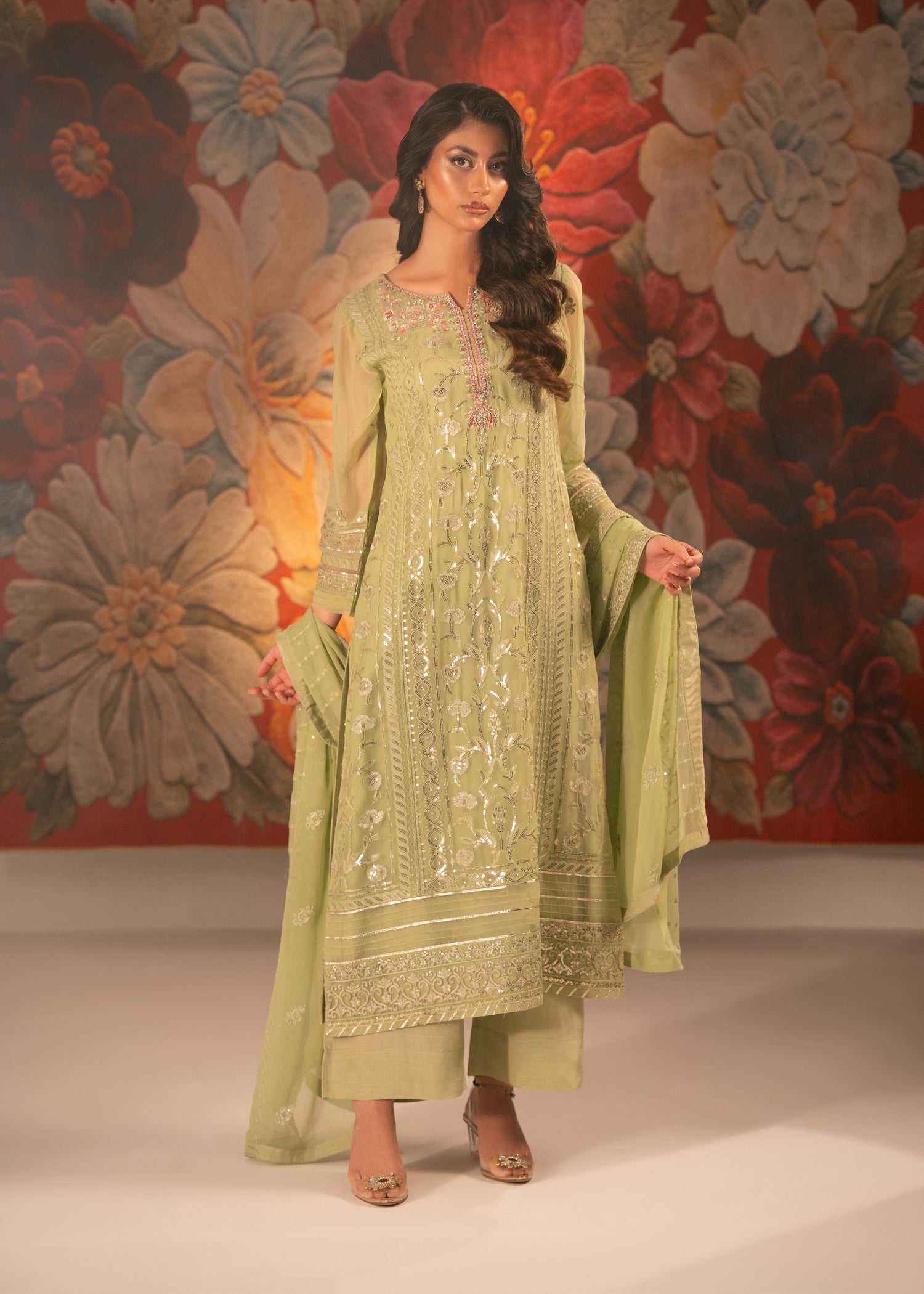 chiffon Unstitched in Pistachio green