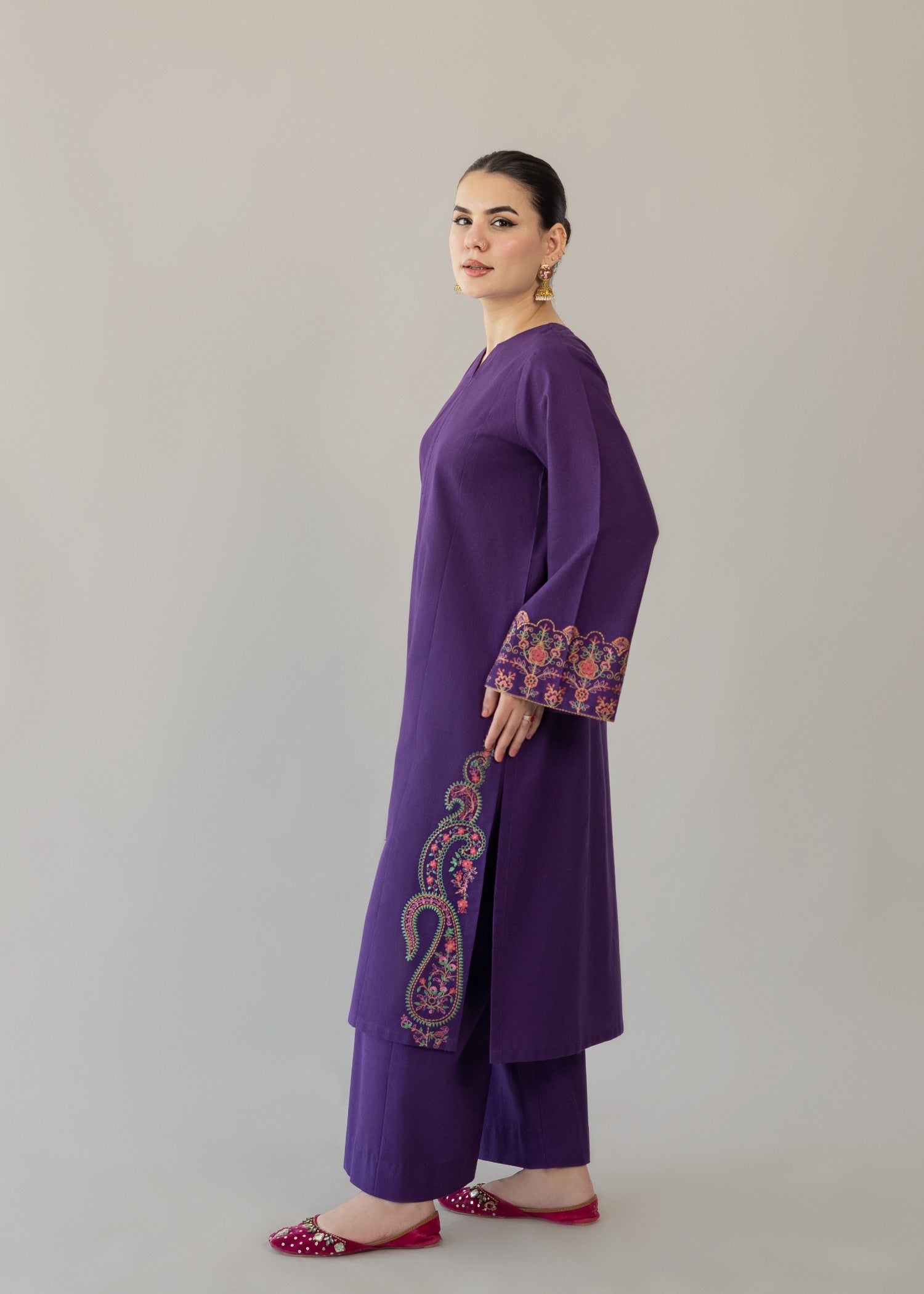 slub khaddar Kurta Set in Purple
