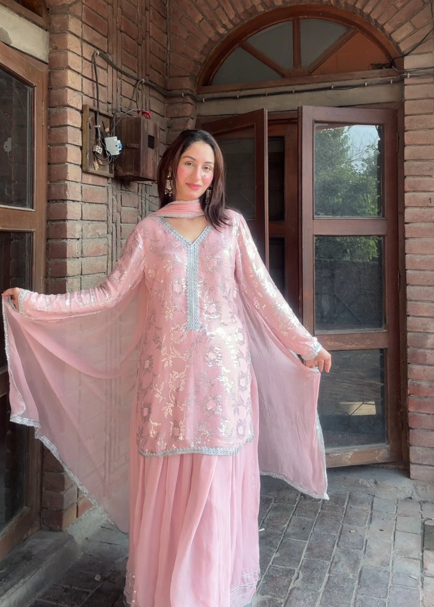 bemberg crinkle chiffon Sharara in Pastel pink
