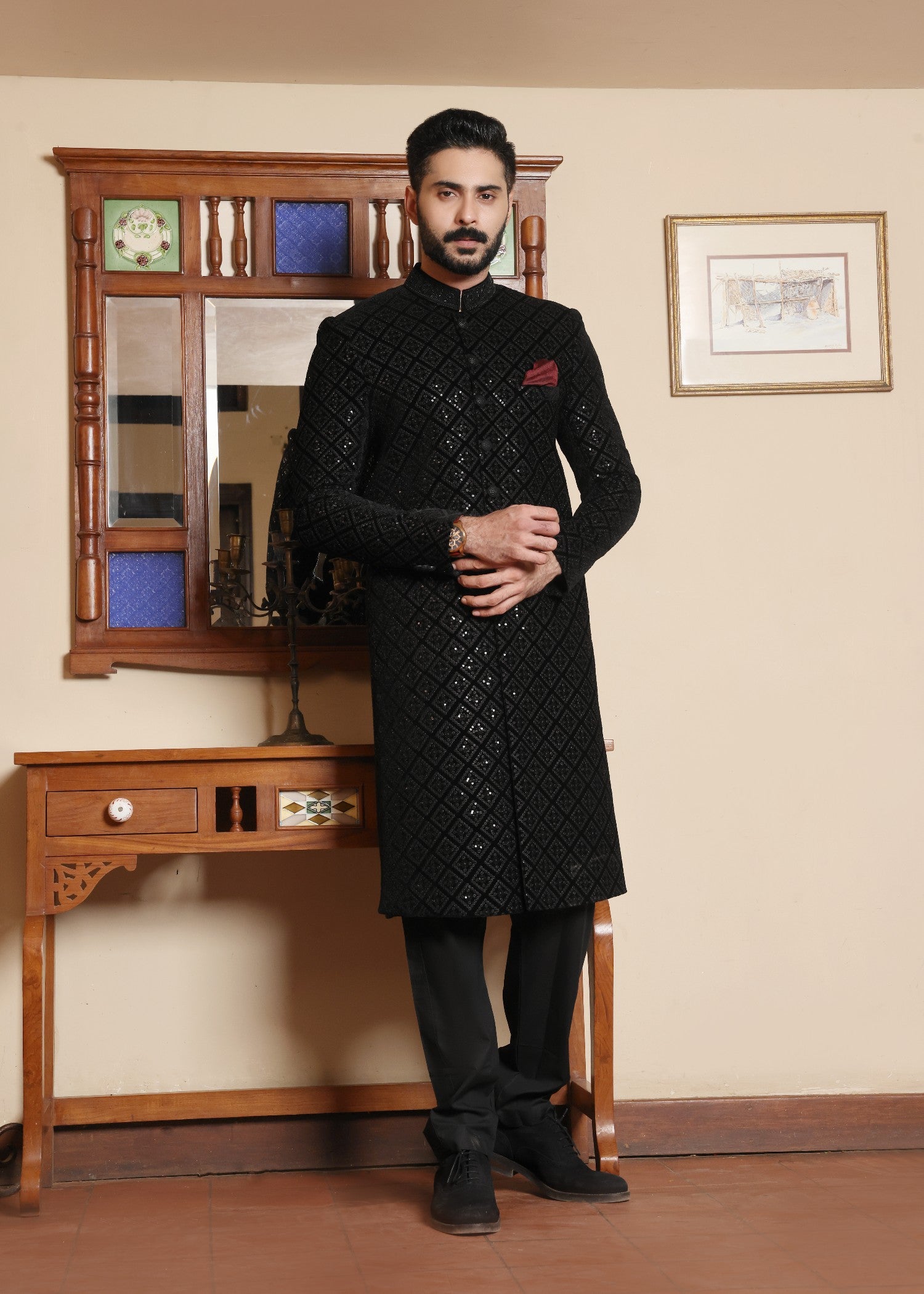 velvet Sherwani in Black