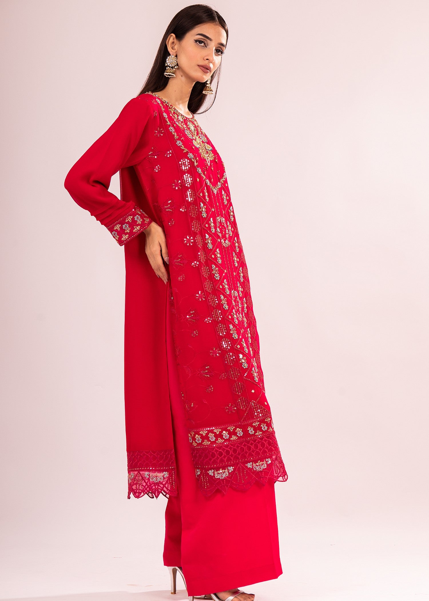bemberg crinkle chiffon Unstitched in Hot pink red