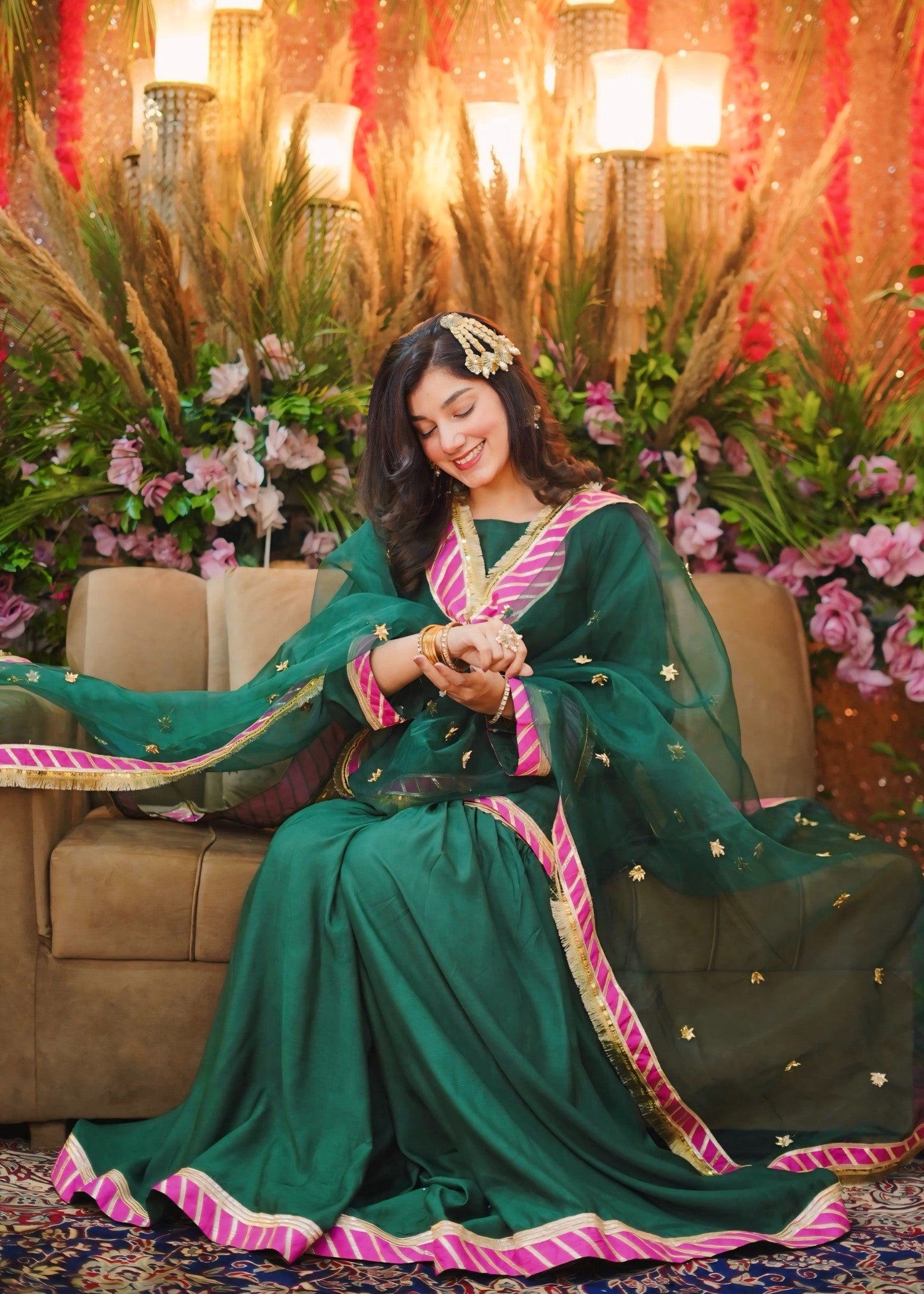 georgette silk Gharara in Bottle green