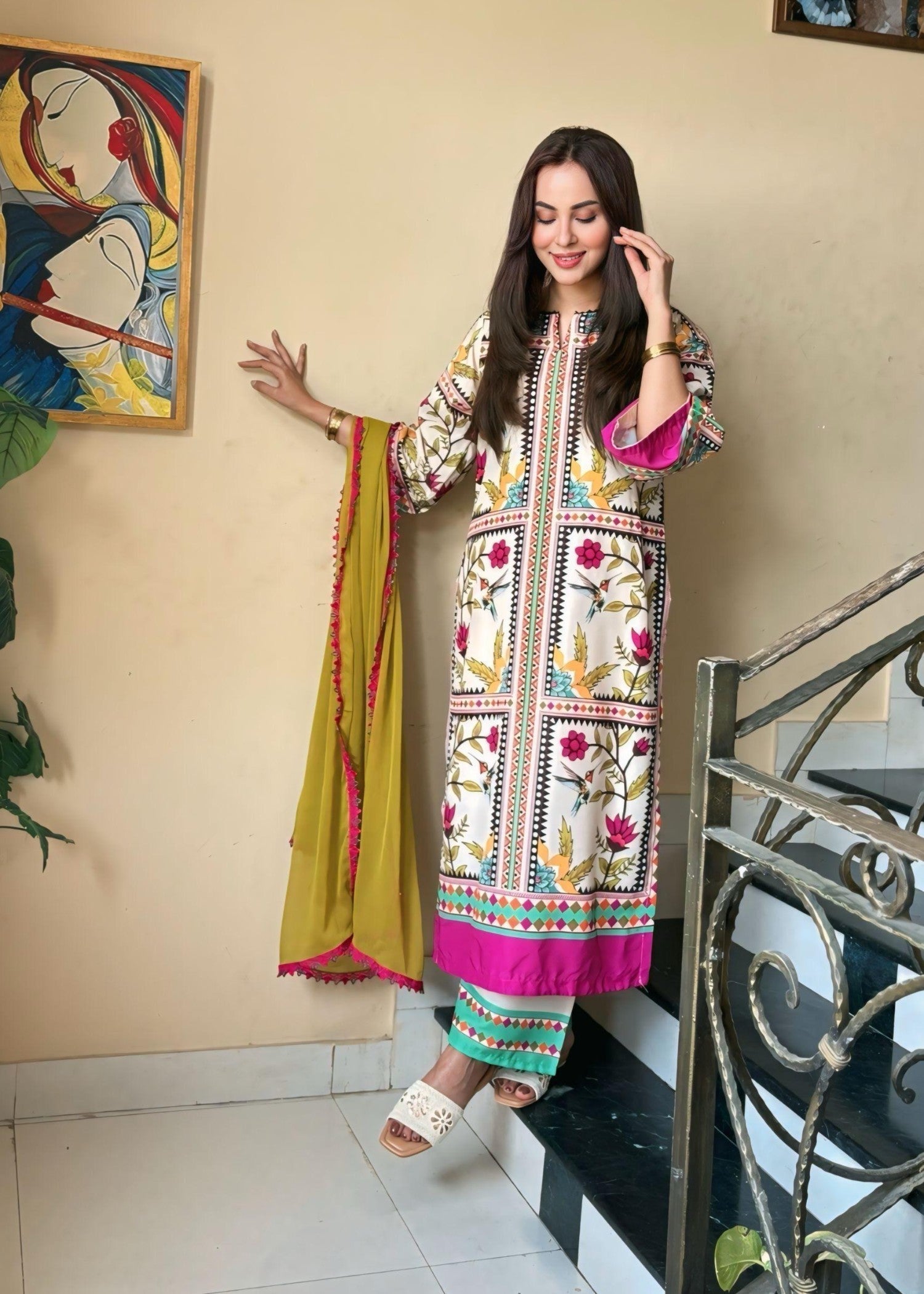 blended khaddar Kurta Set in Beige