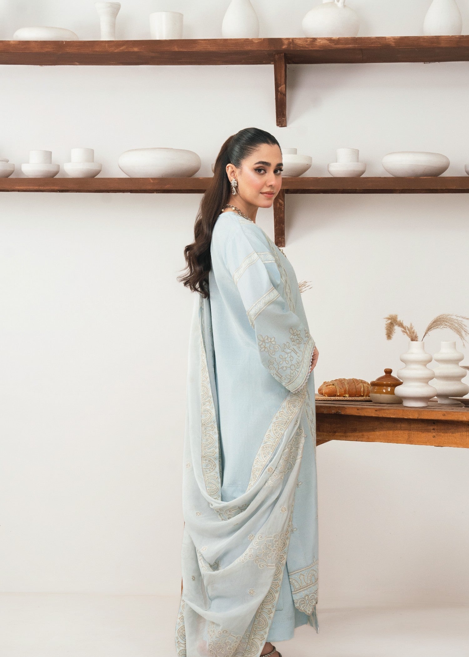 raw silk Kurta Set in Silver, ice blue