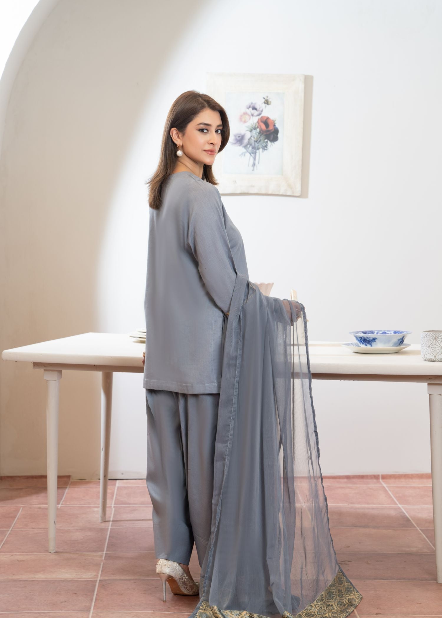 cotton Kurta Set in Slate grey