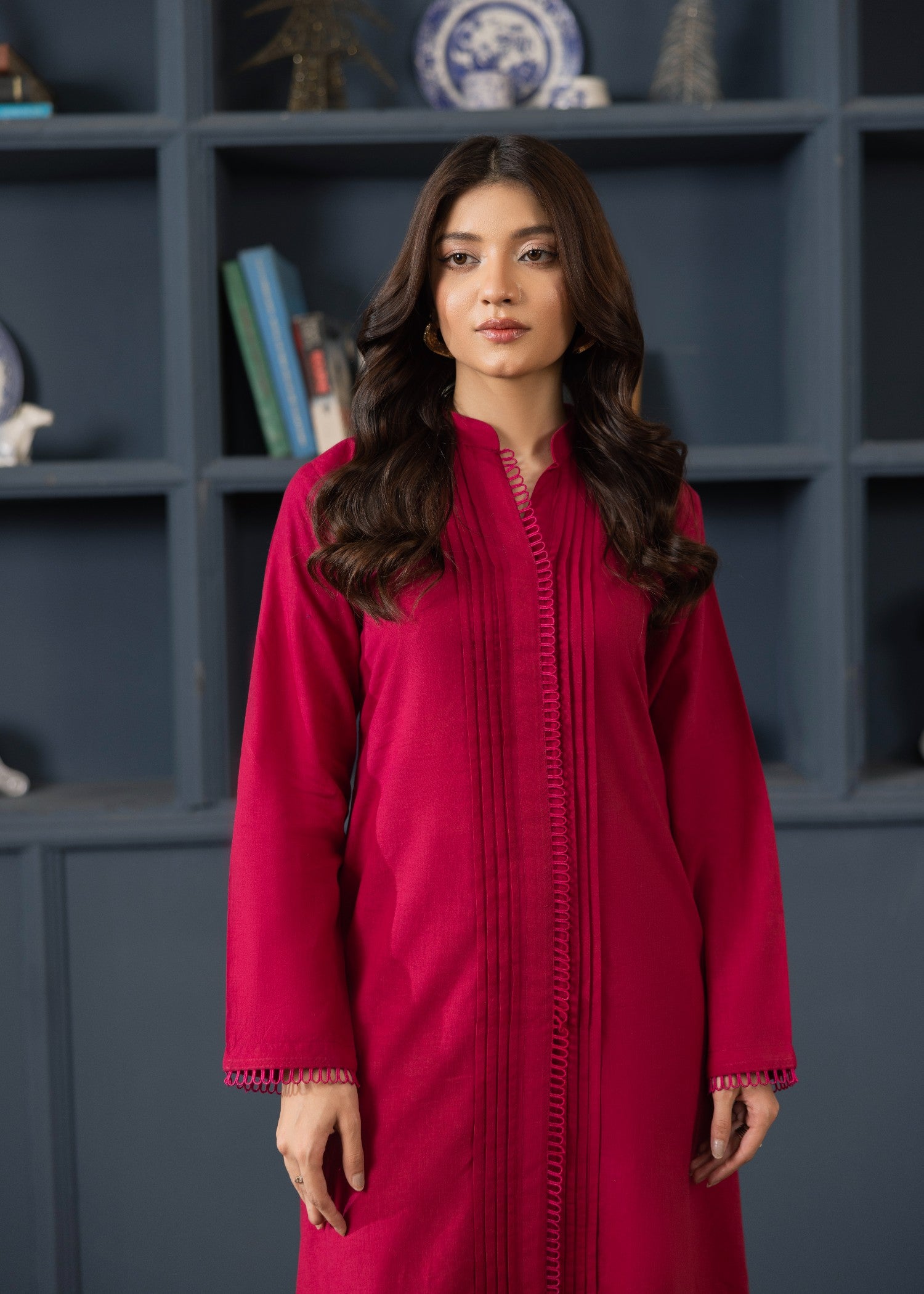 lawn cotton Kurta Set in Rose red