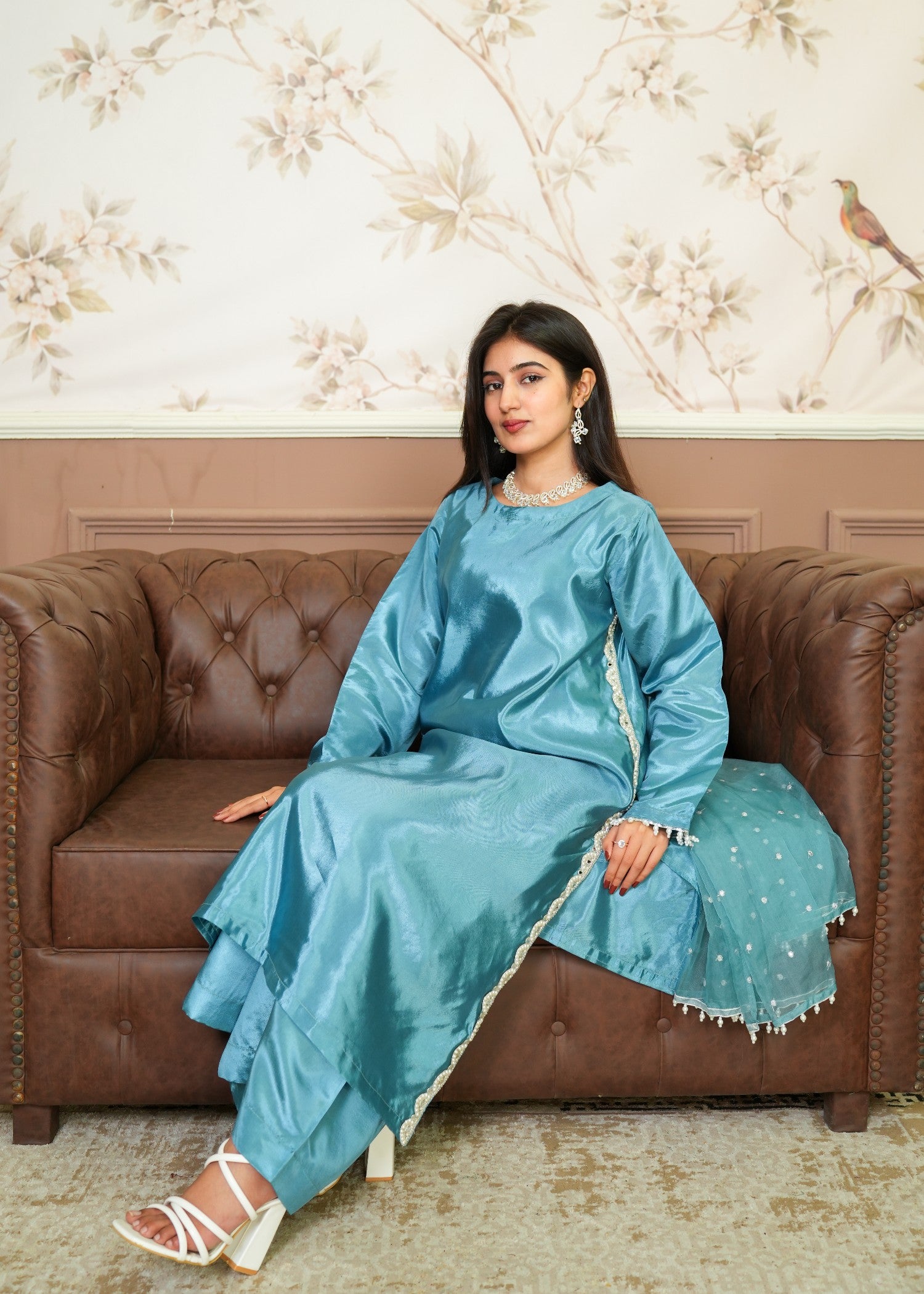 silk Kurta Set in Ocean blue