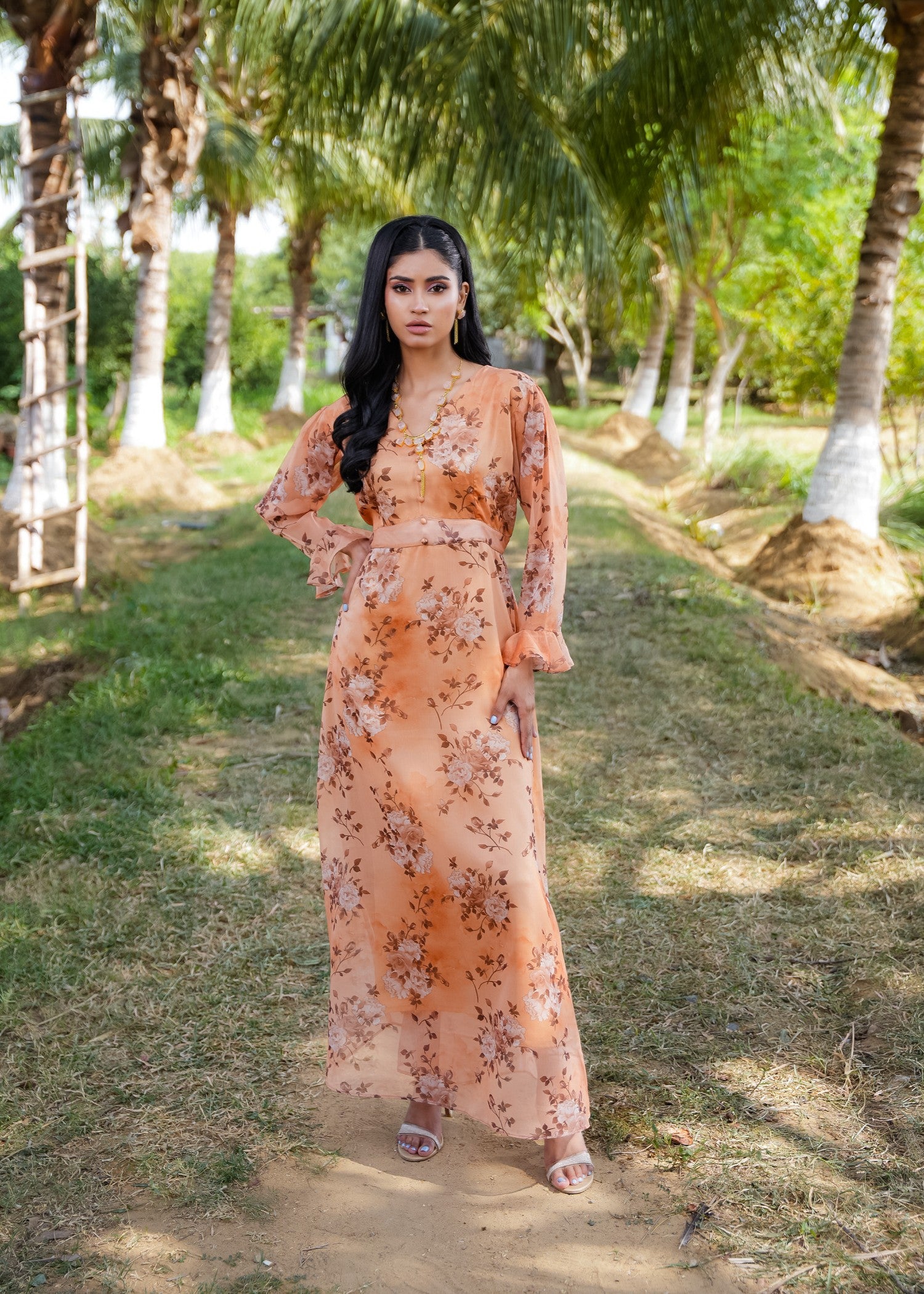 silk charmeuse Maxi in Peach orange