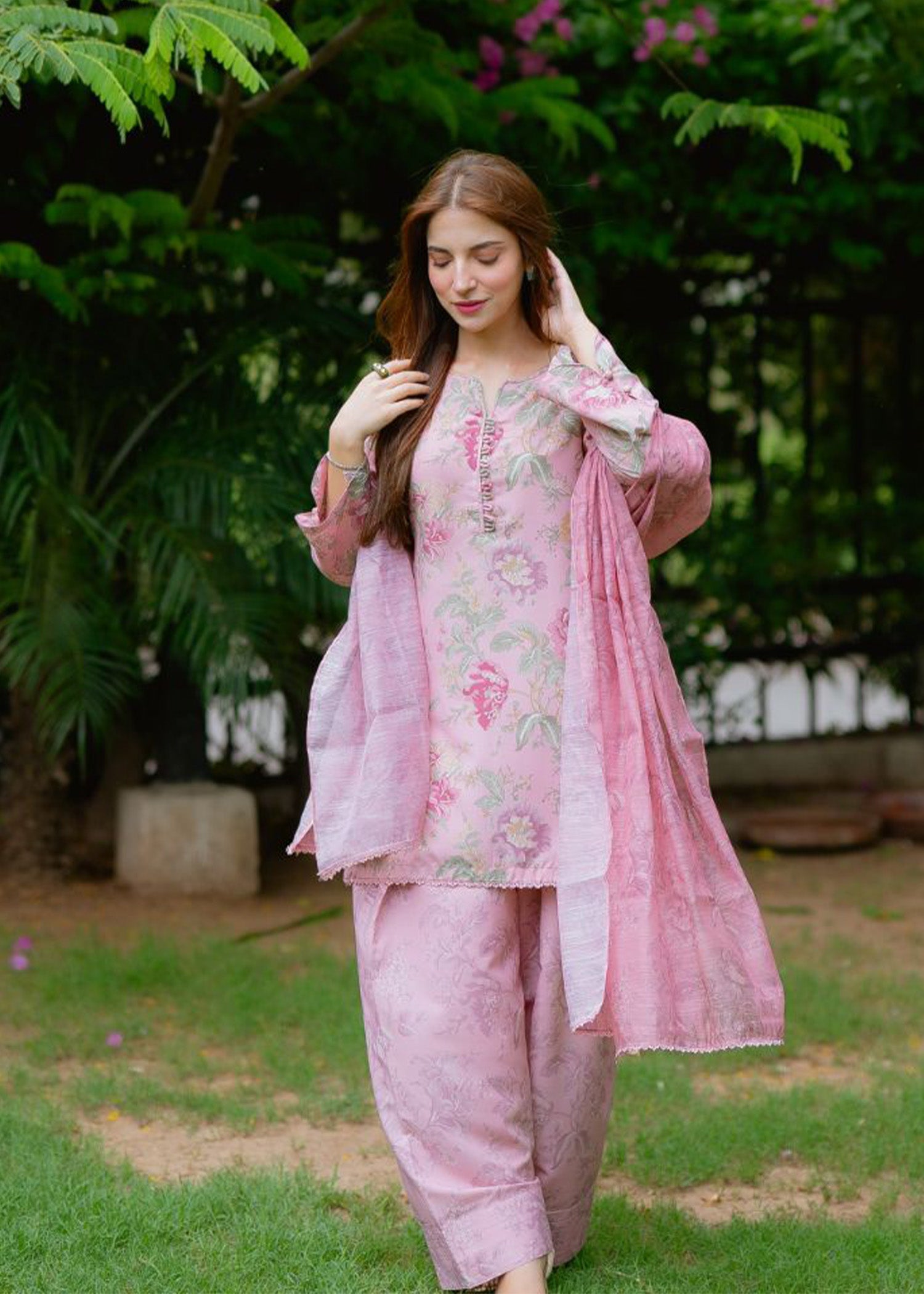 raw silk Kurta Set in Tea rose pink