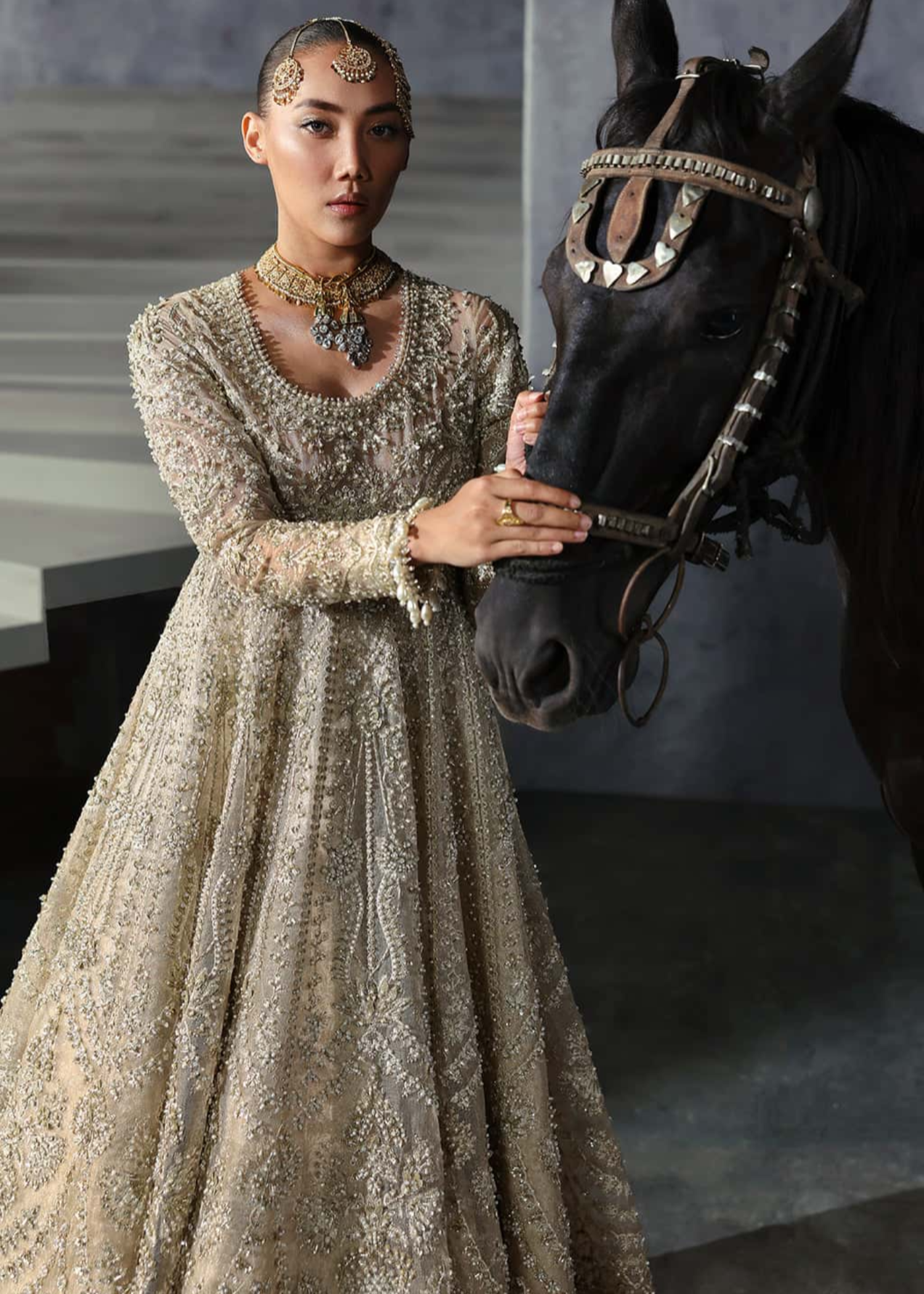 khaddi net Lehenga in Champagne