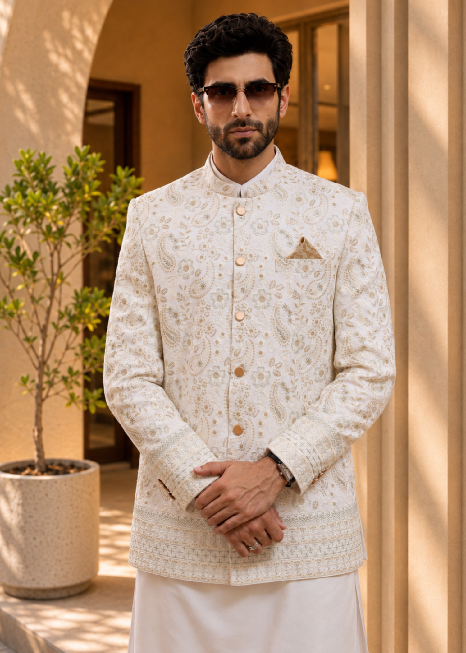 jamawar Prince Coat in Off-white
