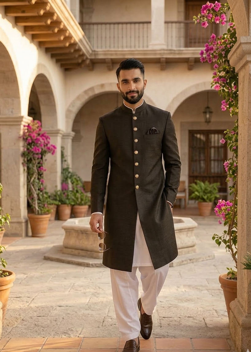 jamawar jacquard Sherwani in Army green